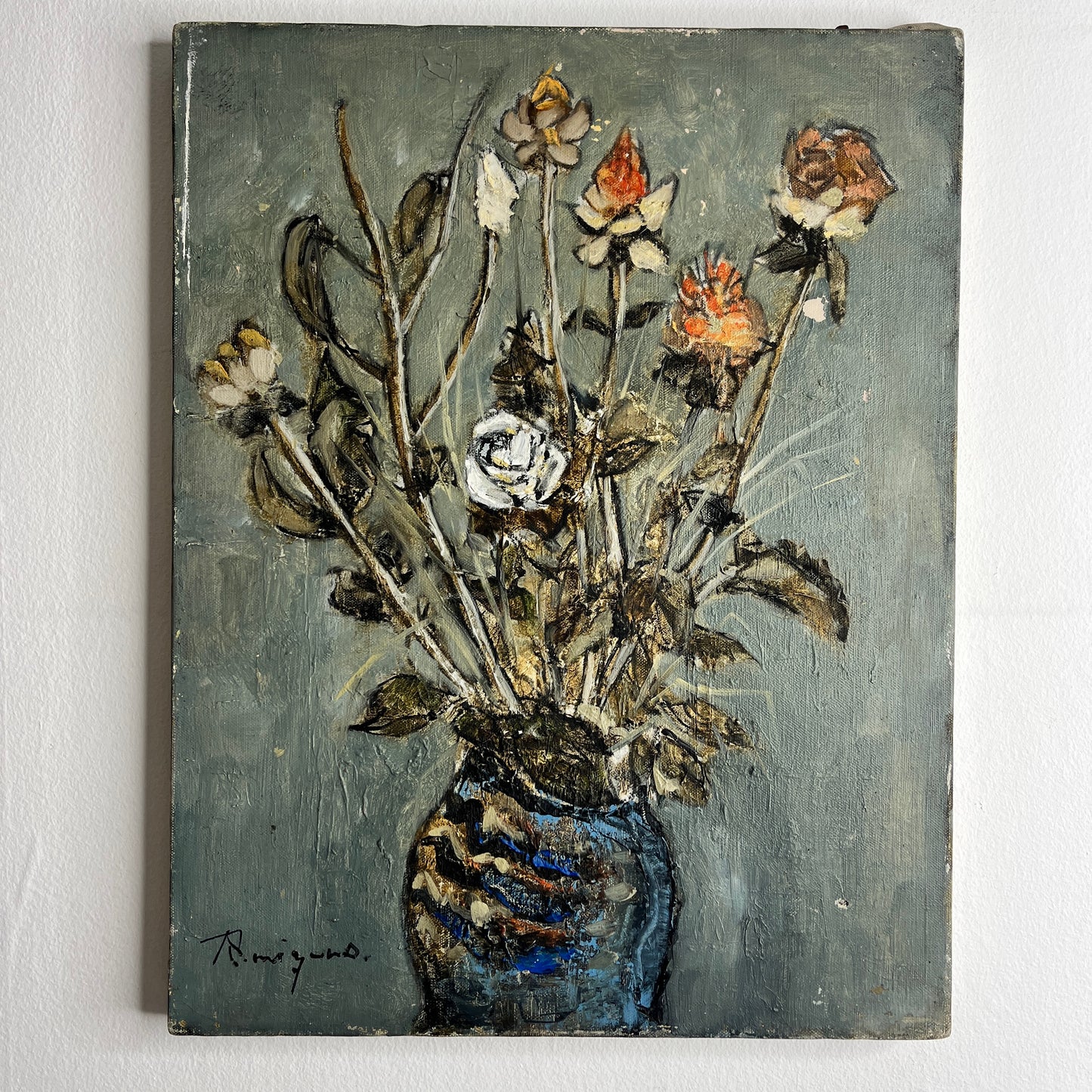 Artistic depiction of a blue vase with flowers on a textured gray background
