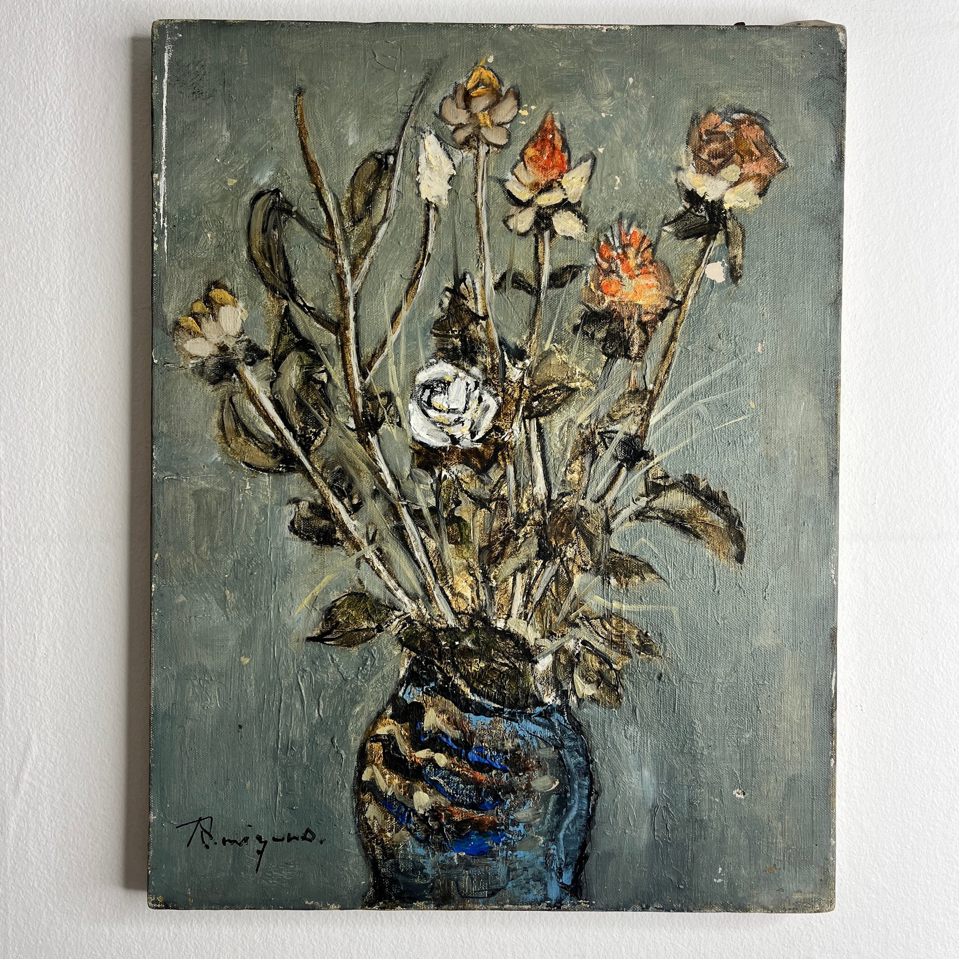Artistic depiction of a blue vase with flowers on a textured gray background