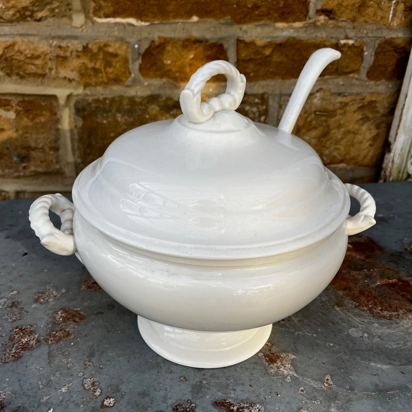 Antique Boch Freres La Louviere White Ceramic Soupiere / Tureen with Ladle