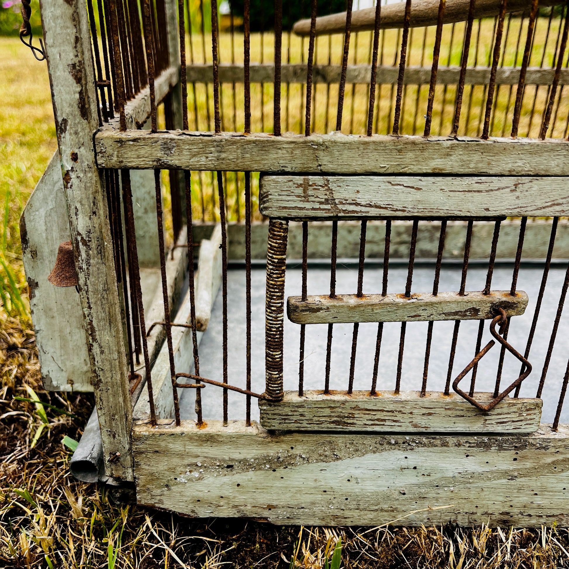 Large vintage birdcage with an ornate metal frame, featuring a domed top, decorative detailing, and a weathered aged finish.