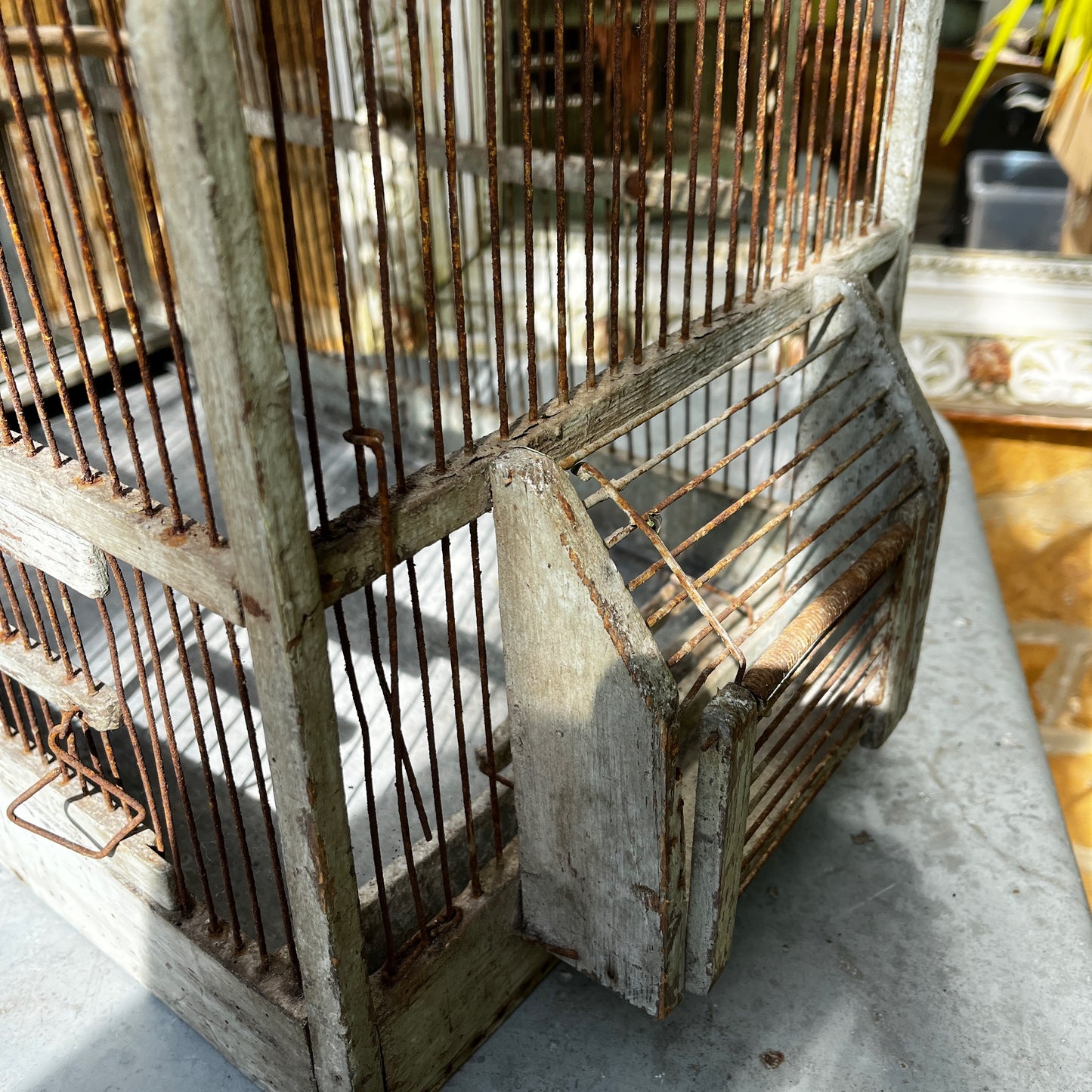 Large Vintage Metal & Wood Arched-Top Birdcage