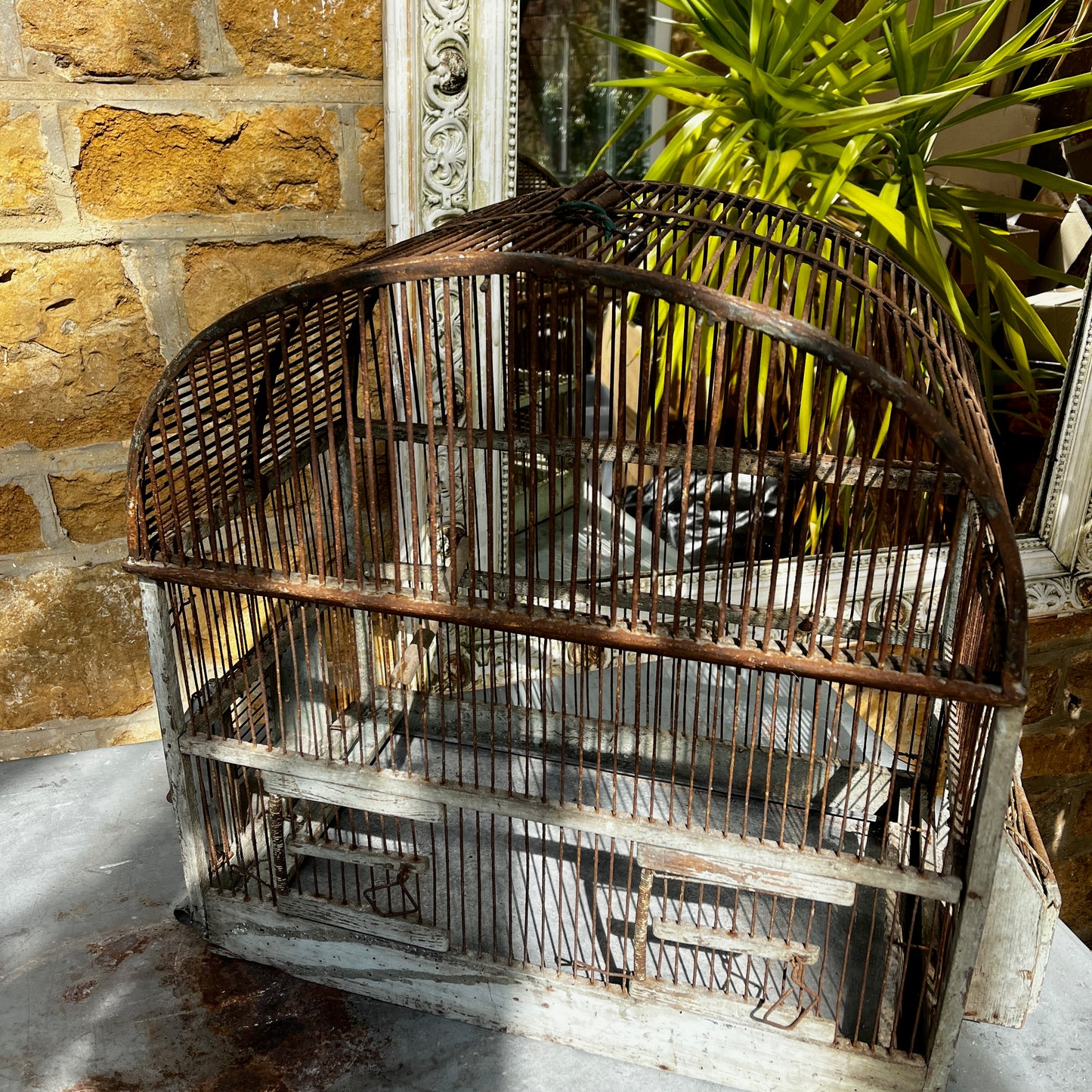 Large Vintage Metal & Wood Arched-Top Birdcage