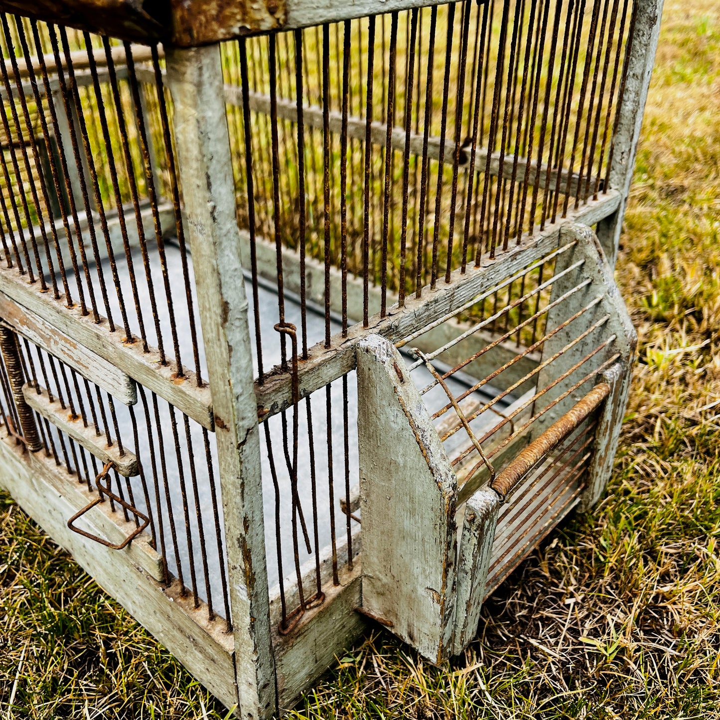 Large vintage birdcage with an ornate metal frame, featuring a domed top, decorative detailing, and a weathered aged finish.