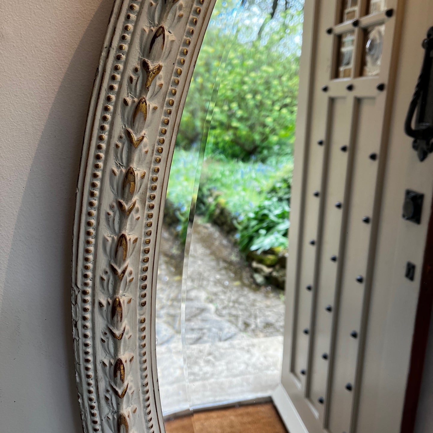 Large Vintage Ornate Oval Bevelled Mirror with White Carved Frame