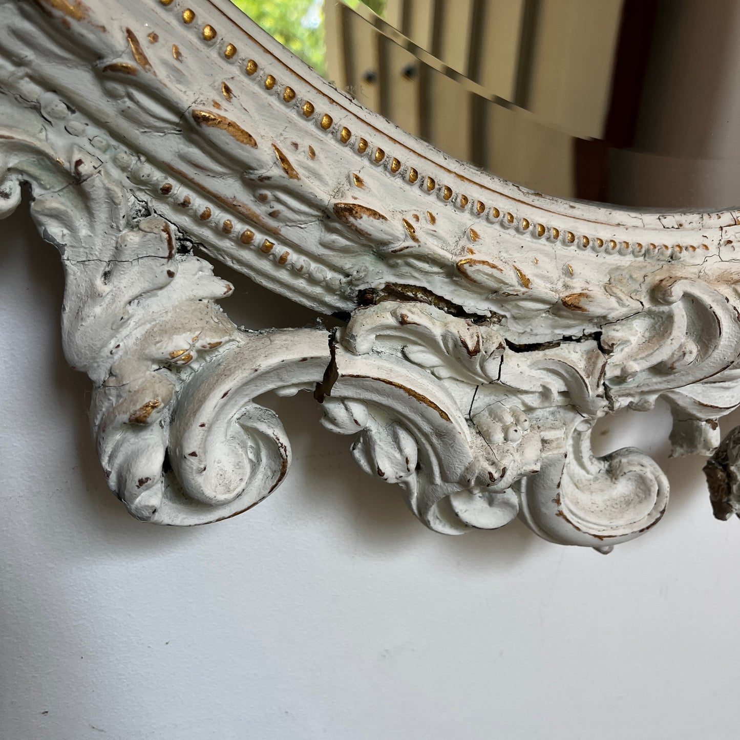 Large Vintage Ornate Oval Bevelled Mirror with White Carved Frame