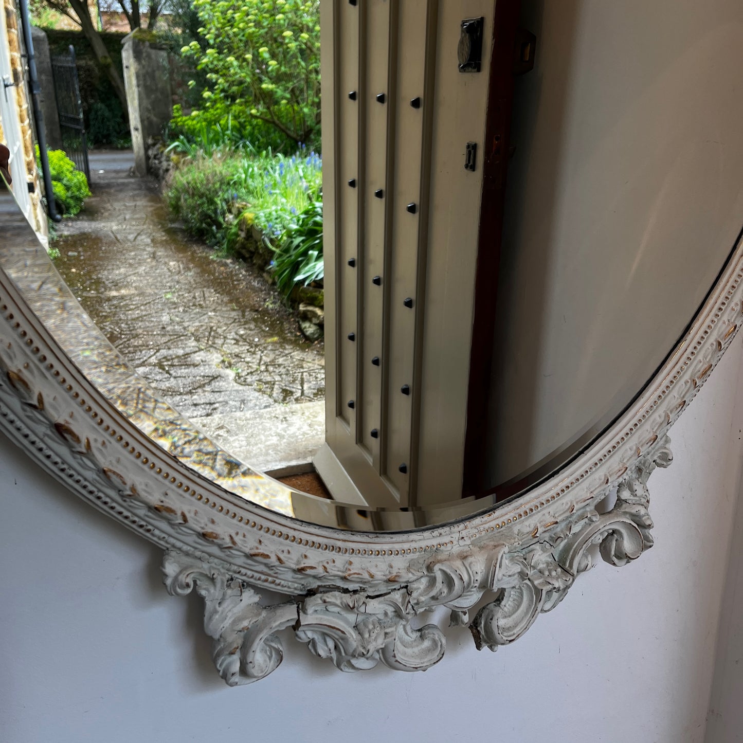 Large Vintage Ornate Oval Bevelled Mirror with White Carved Frame