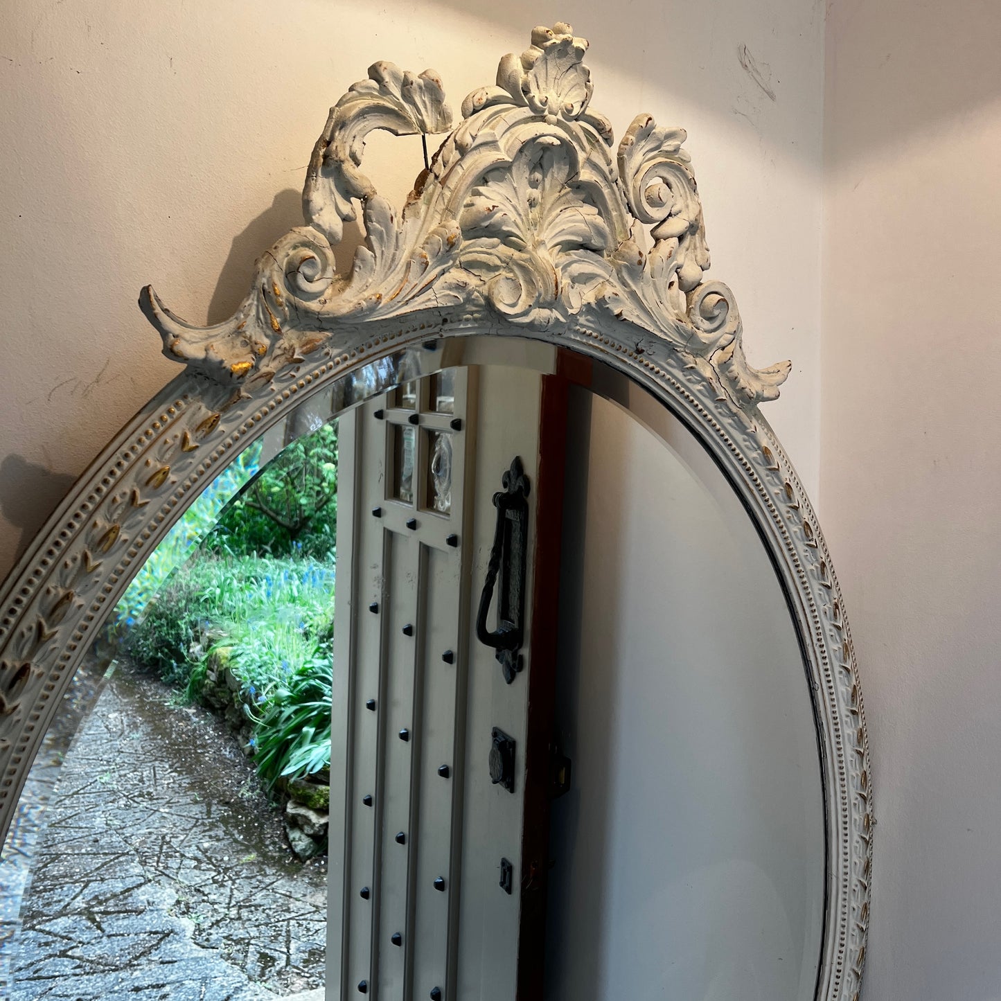Large Vintage Ornate Oval Bevelled Mirror with White Carved Frame