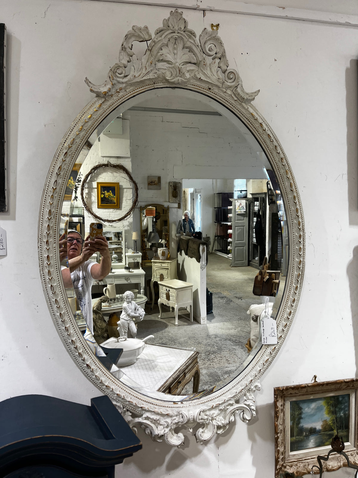Large Vintage Ornate Oval Bevelled Mirror with White Carved Frame
