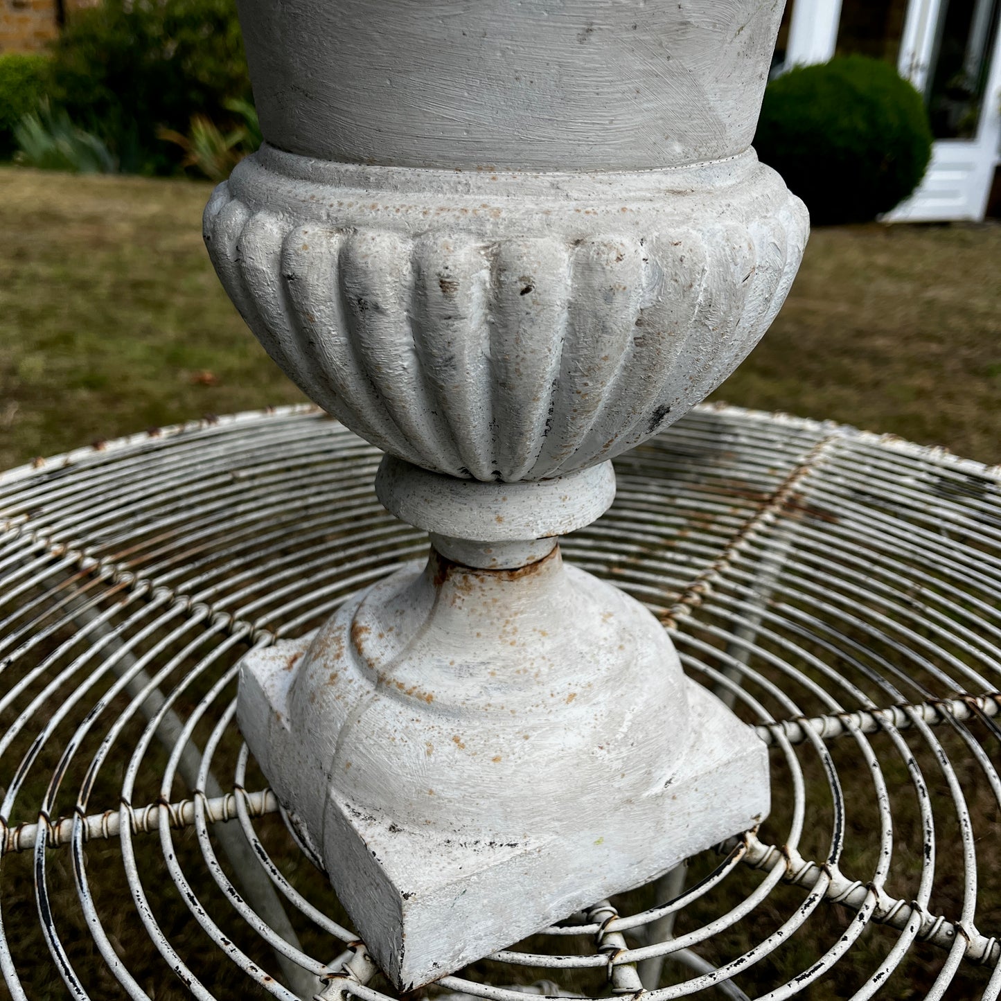 Large White Vintage Cast Iron Urn Planter with Pedestal Base