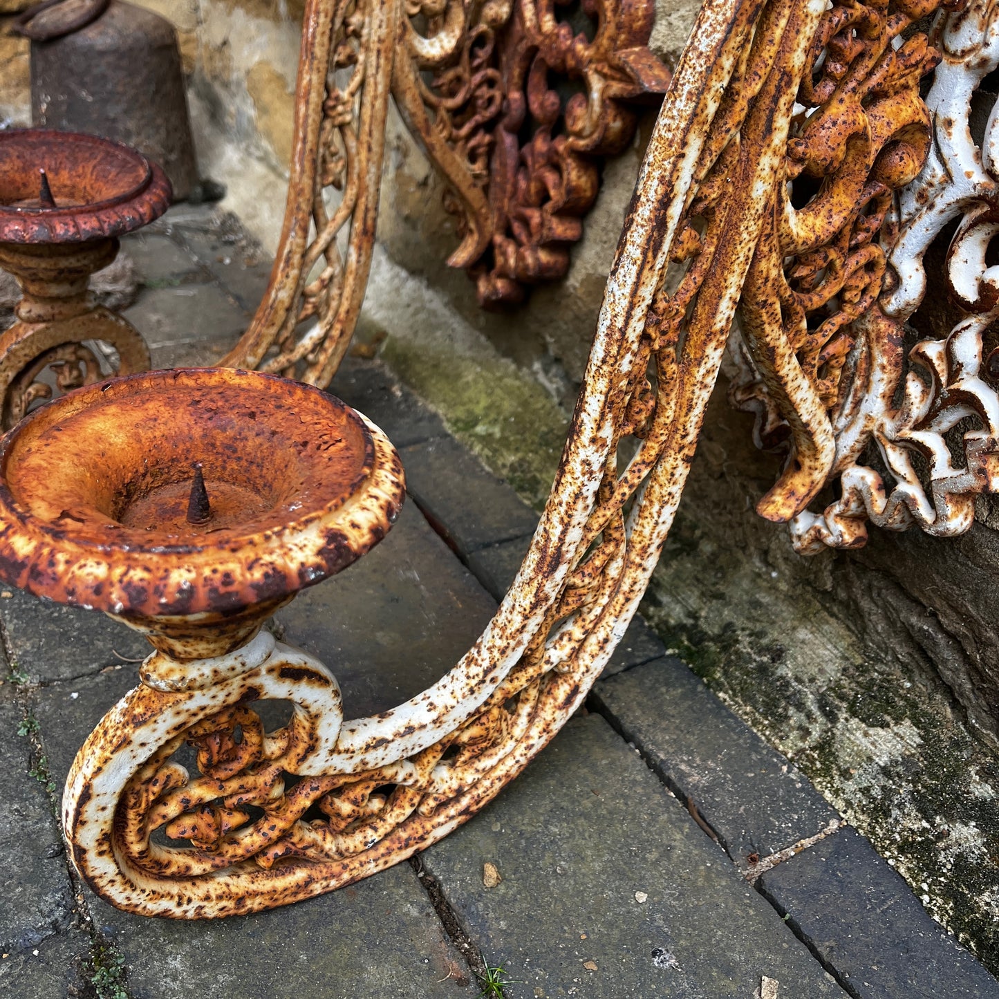 Pair of Large Vintage Cast Iron Wall Sconces with Ornate Scroll Work