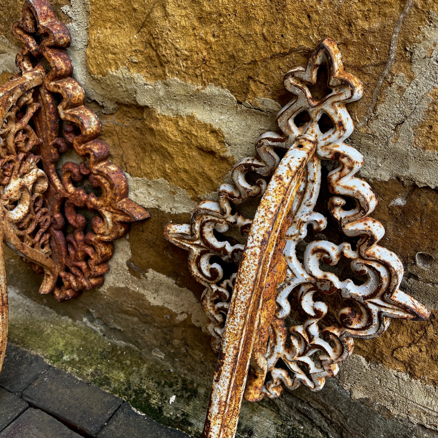 Pair of Large Vintage Cast Iron Wall Sconces with Ornate Scroll Work