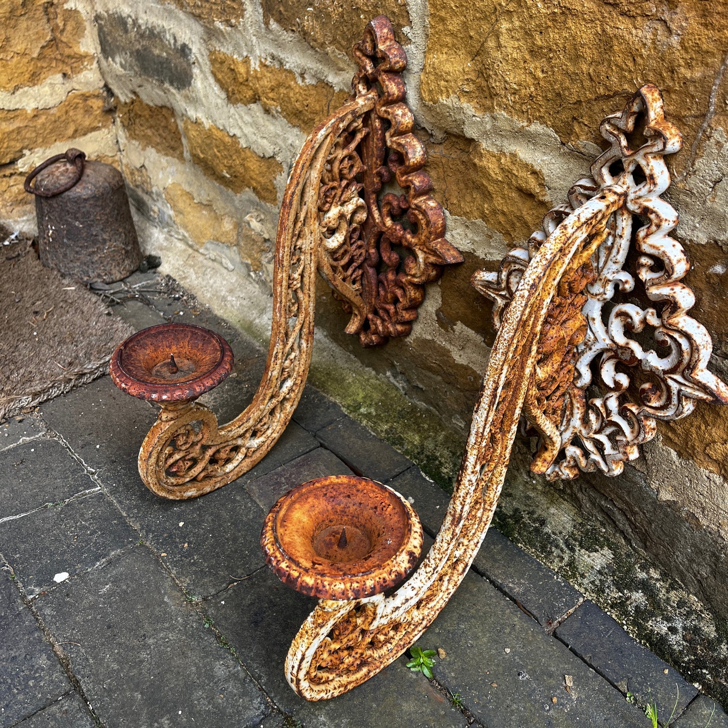 Pair of Large Vintage Cast Iron Wall Sconces with Ornate Scroll Work