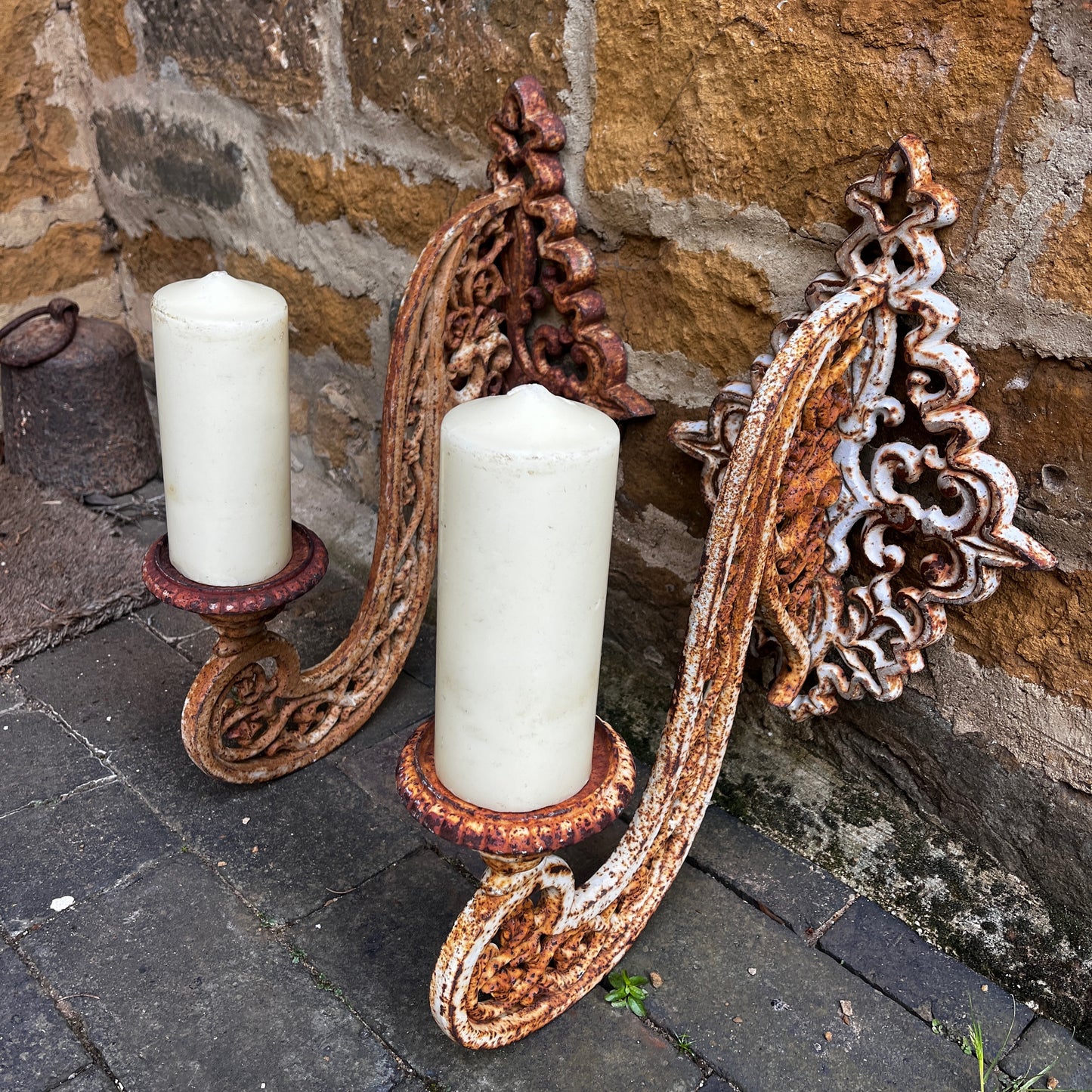 Pair of Large Vintage Cast Iron Wall Sconces with Ornate Scroll Work