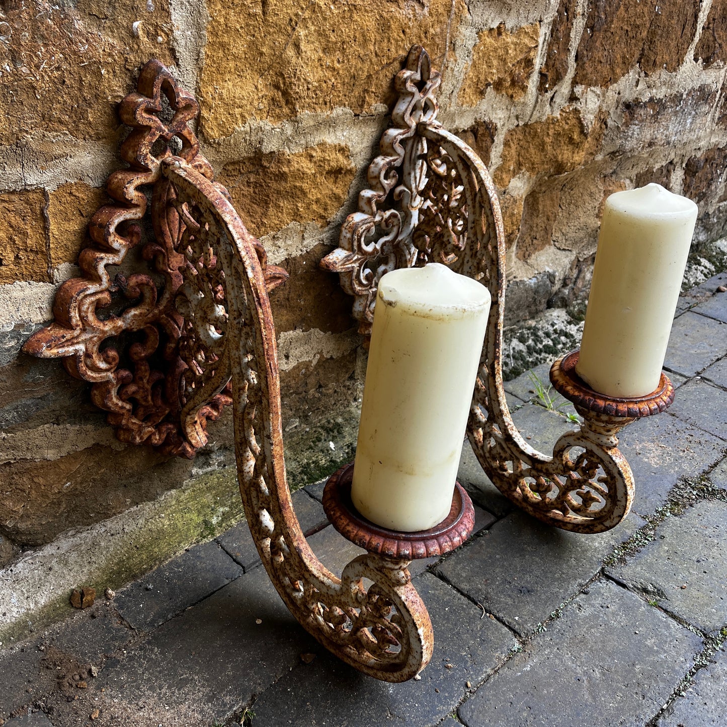 Pair of Large Vintage Cast Iron Wall Sconces with Ornate Scroll Work