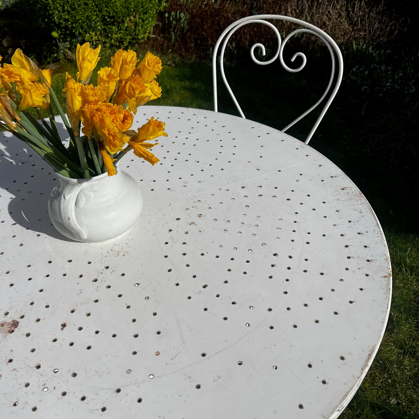 Vintage French White Bistro Set with Four Chairs