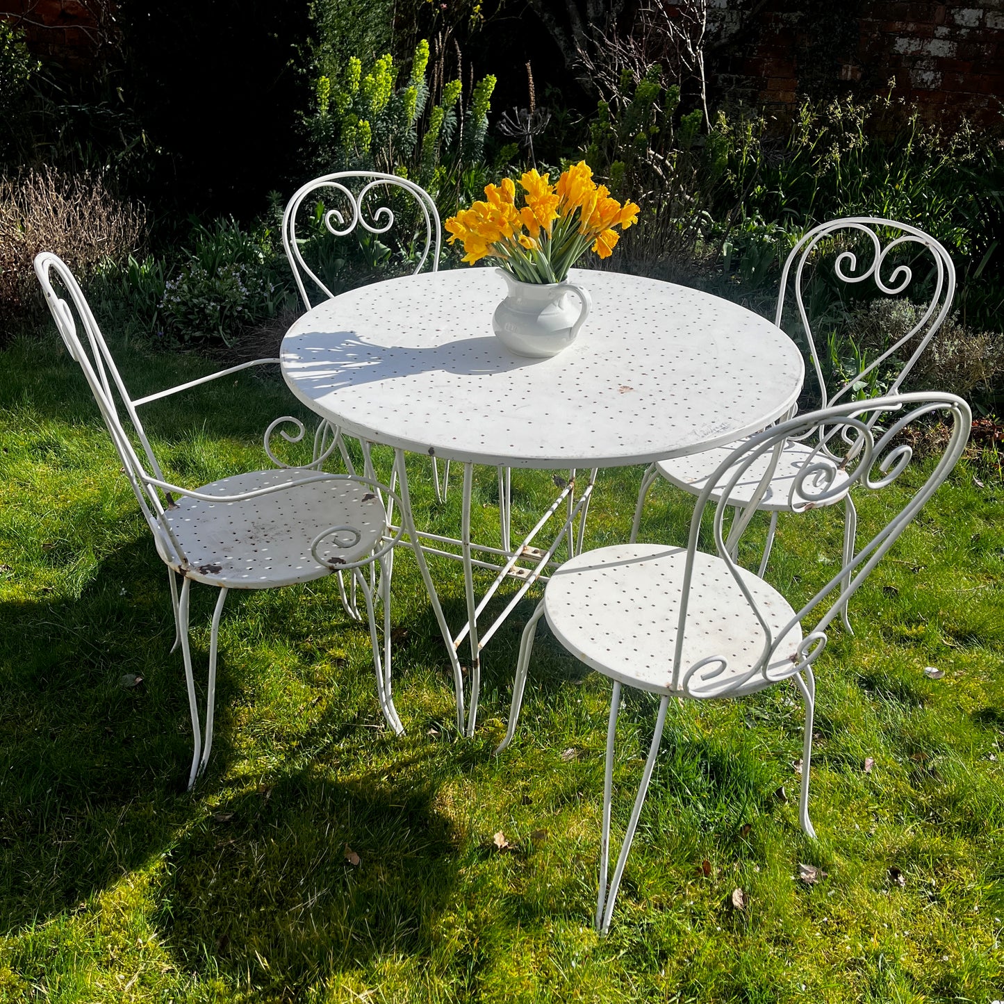 Vintage French White Bistro Set with Four Chairs