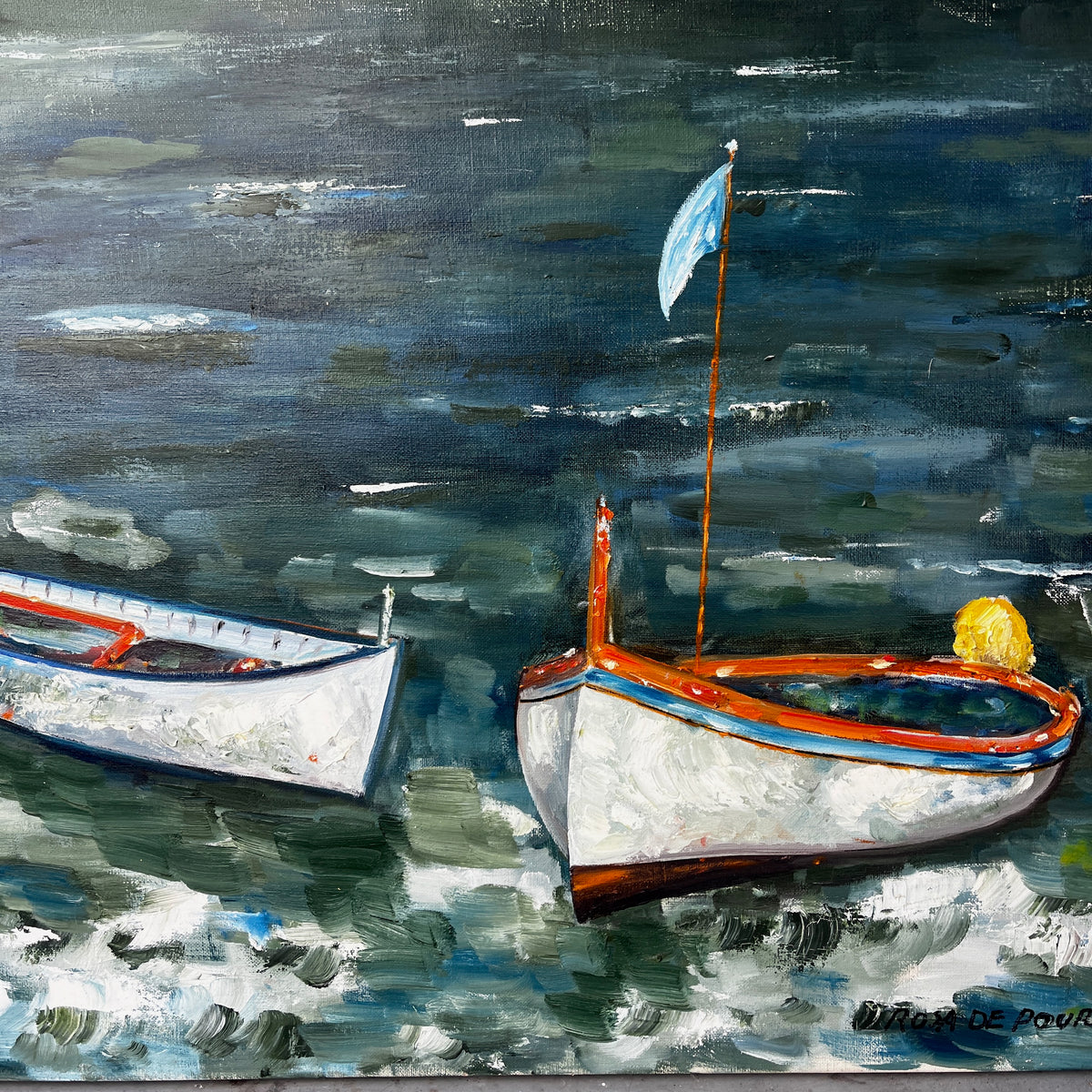 An oil painting of two small boats on dark, textured water. The painting features expressive brushstrokes in navy, green, white, and orange-red, with a signature in the bottom right corner.