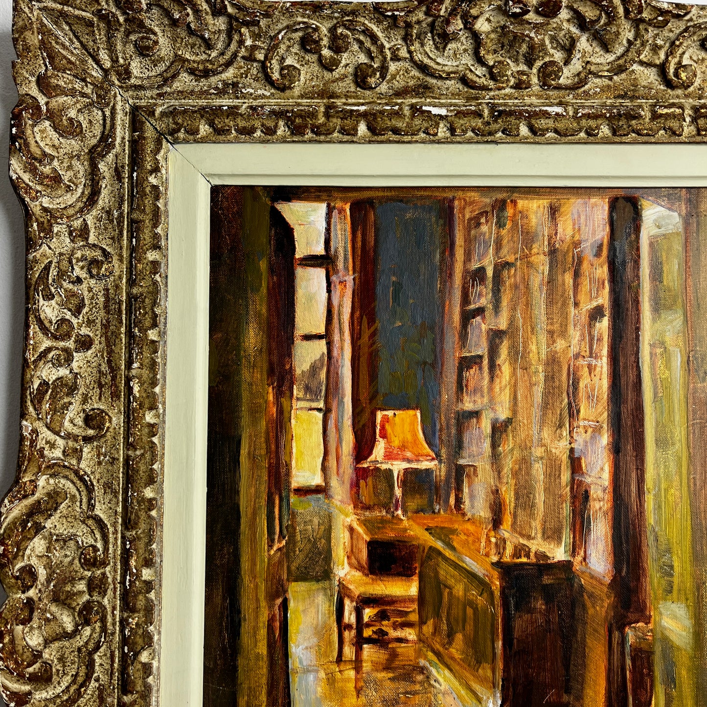 Vintage Impressionist Oil Painting of a Library Interior with Lamp