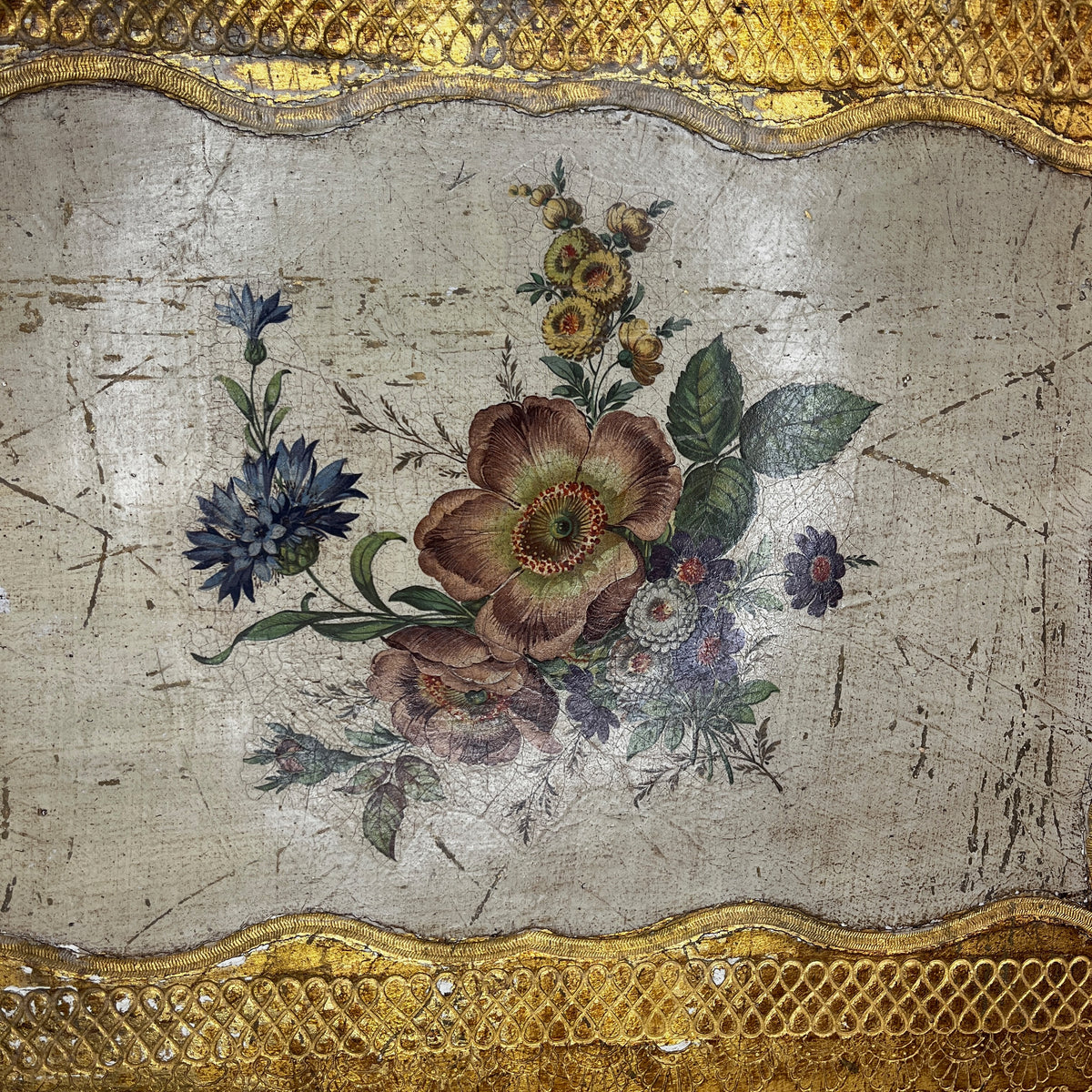 Large Vintage Florentine Gilt Wood Tray with Hand-Painted Pink & Gold Detailing