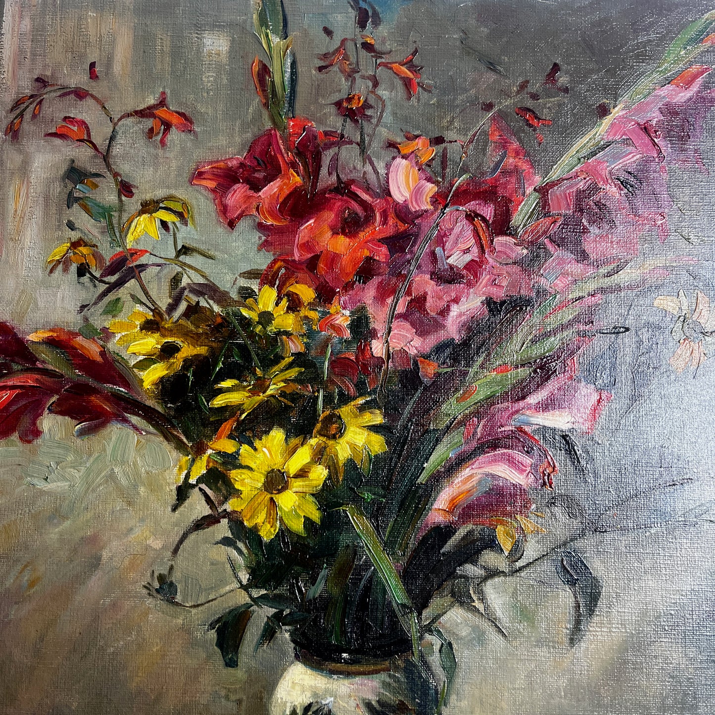 Vintage French still life painting of flowers in a vase set on a tablecloth, rendered in soft tones and signed “A. Sommer” in the corner.