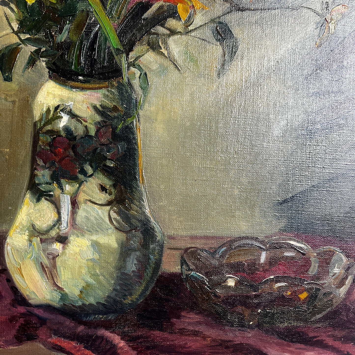 Vintage French still life painting of flowers in a vase set on a tablecloth, rendered in soft tones and signed “A. Sommer” in the corner.