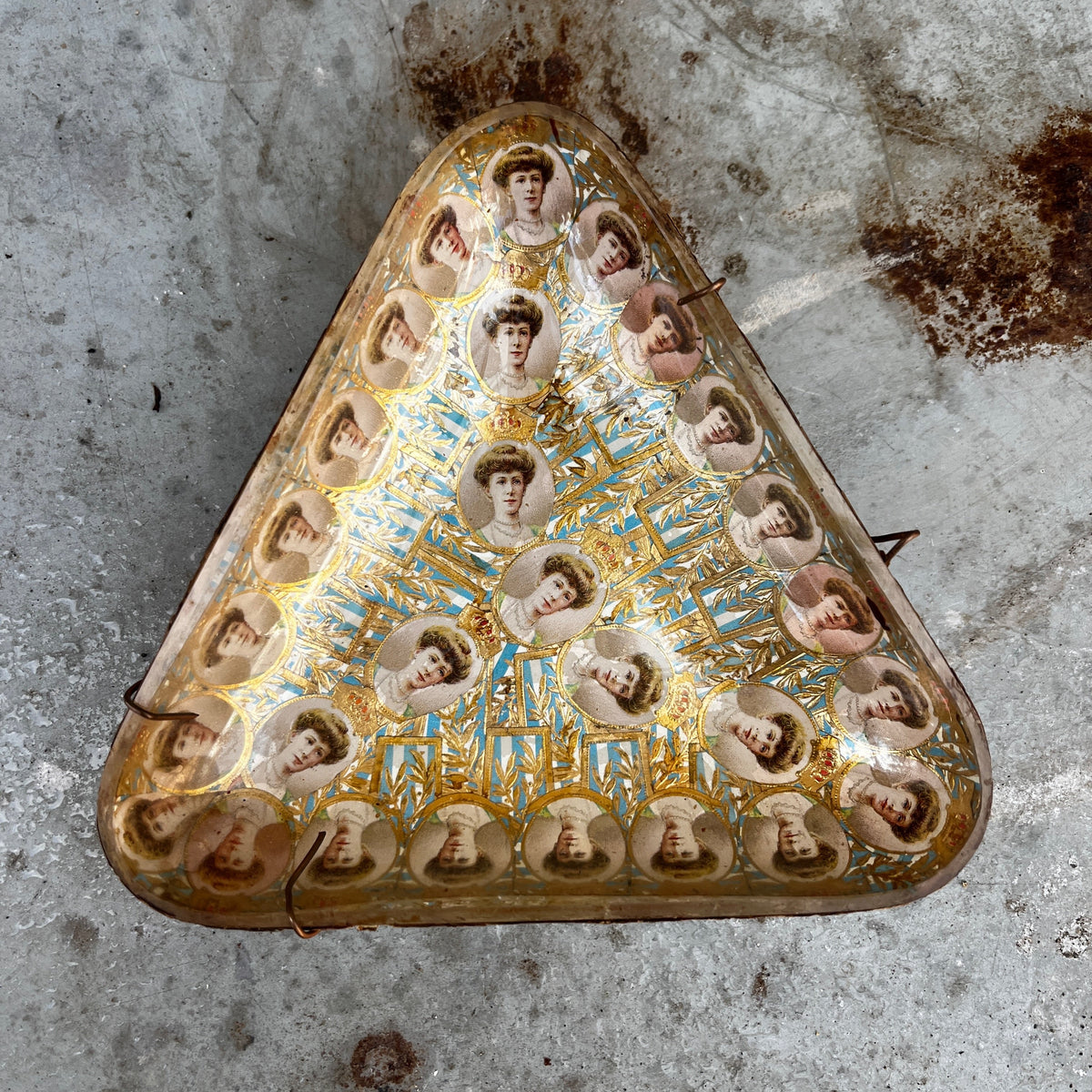 Triangular glass dish commemorating Queen Alexandra, with Edwardian-era decorative detailing.