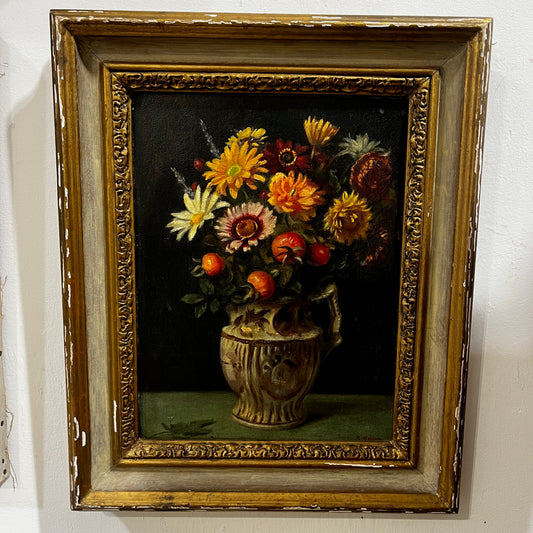 Oil Floral Still-life Painting by R. Swan in an Ornate Wooden Frame