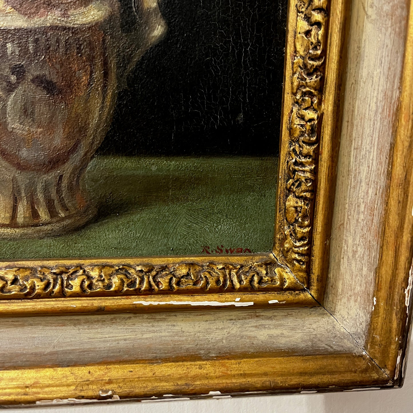 Oil Floral Still-life Painting by R. Swan in an Ornate Wooden Frame