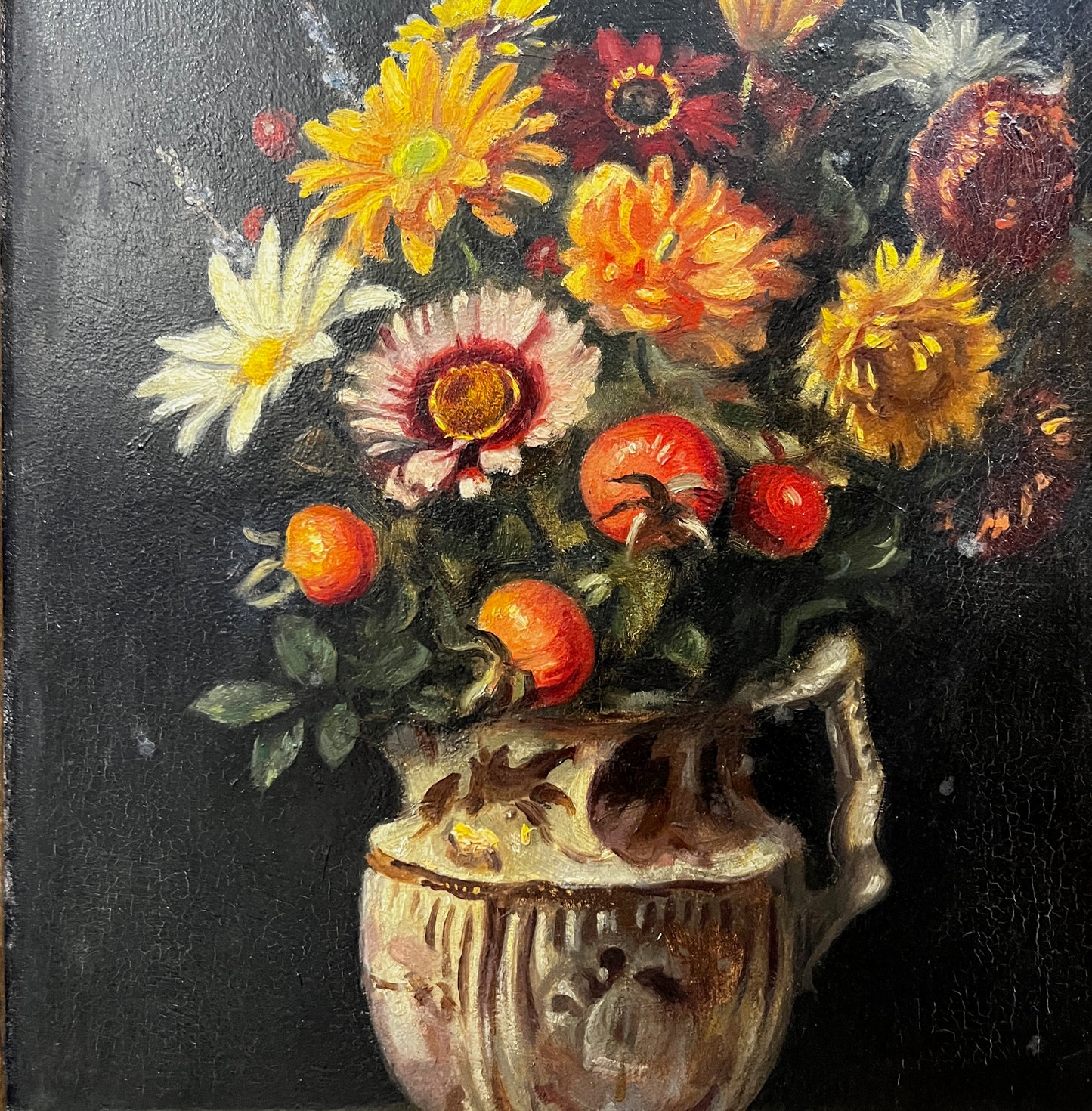 Oil Floral Still-life Painting by R. Swan in an Ornate Wooden Frame