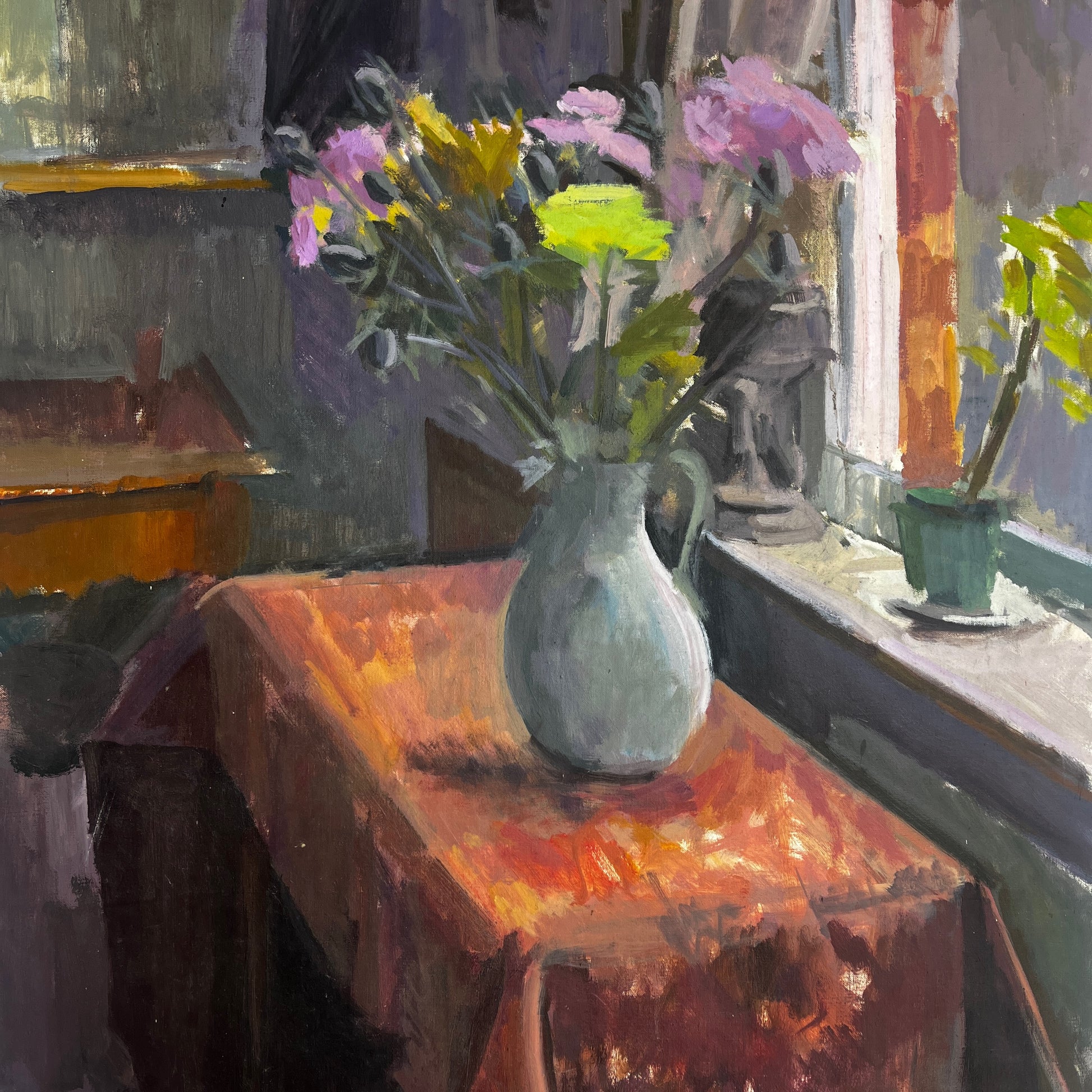 An original still-life oil on canvas by Claire Randell featuring a carefully arranged composition of flowers in a vase next to a window.