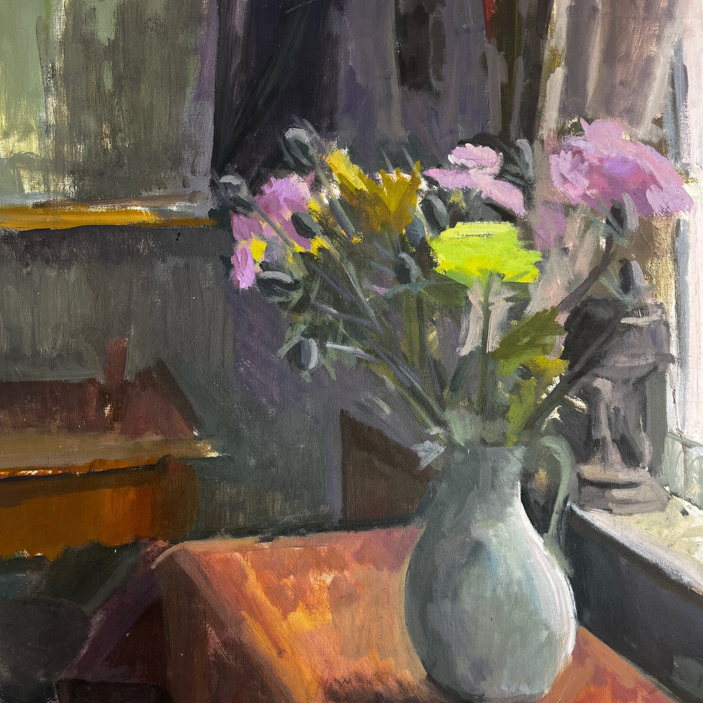 An original still-life oil on canvas by Claire Randell featuring a carefully arranged composition of flowers in a vase next to a window.
