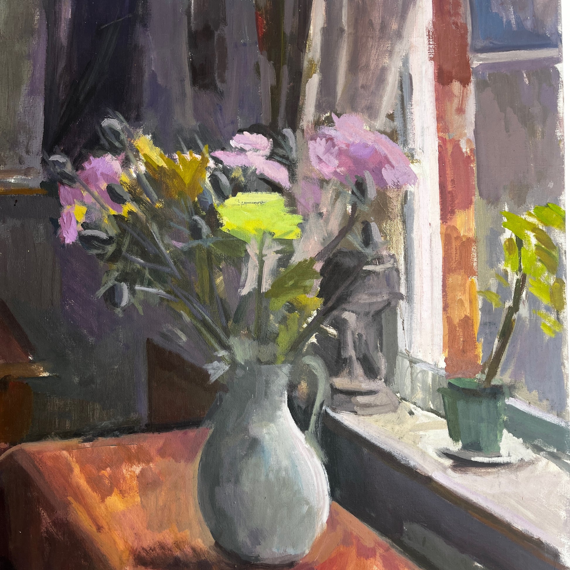 An original still-life oil on canvas by Claire Randell featuring a carefully arranged composition of flowers in a vase next to a window.