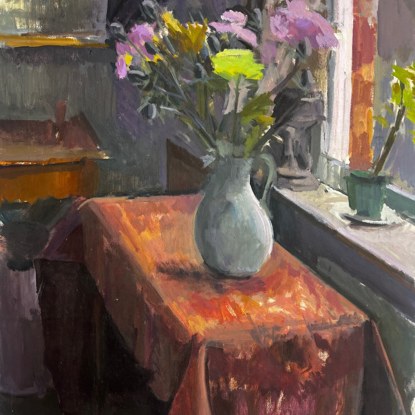 An original still-life oil on canvas by Claire Randell featuring a carefully arranged composition of flowers in a vase next to a window.