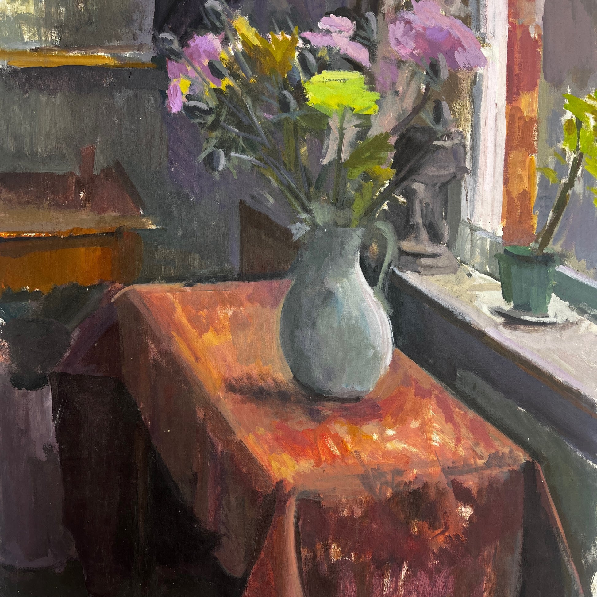 An original still-life oil on canvas by Claire Randell featuring a carefully arranged composition of flowers in a vase next to a window.