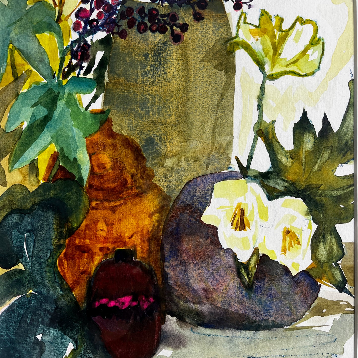 Still-life watercolor painting displayed in a vintage wooden frame, featuring softly rendered objects with delicate brushstrokes and muted, traditional colors.
