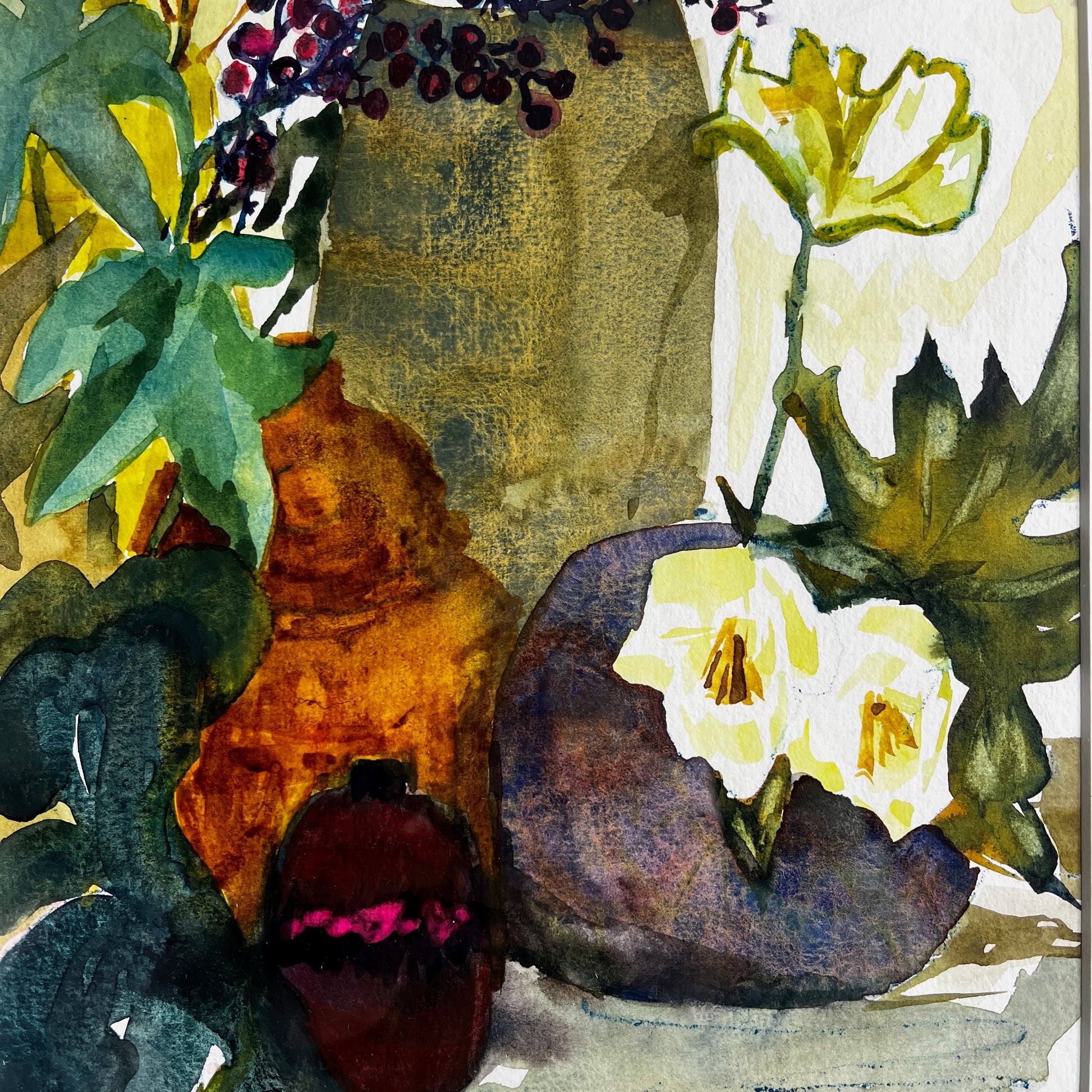 Still-life watercolor painting displayed in a vintage wooden frame, featuring softly rendered objects with delicate brushstrokes and muted, traditional colors.
