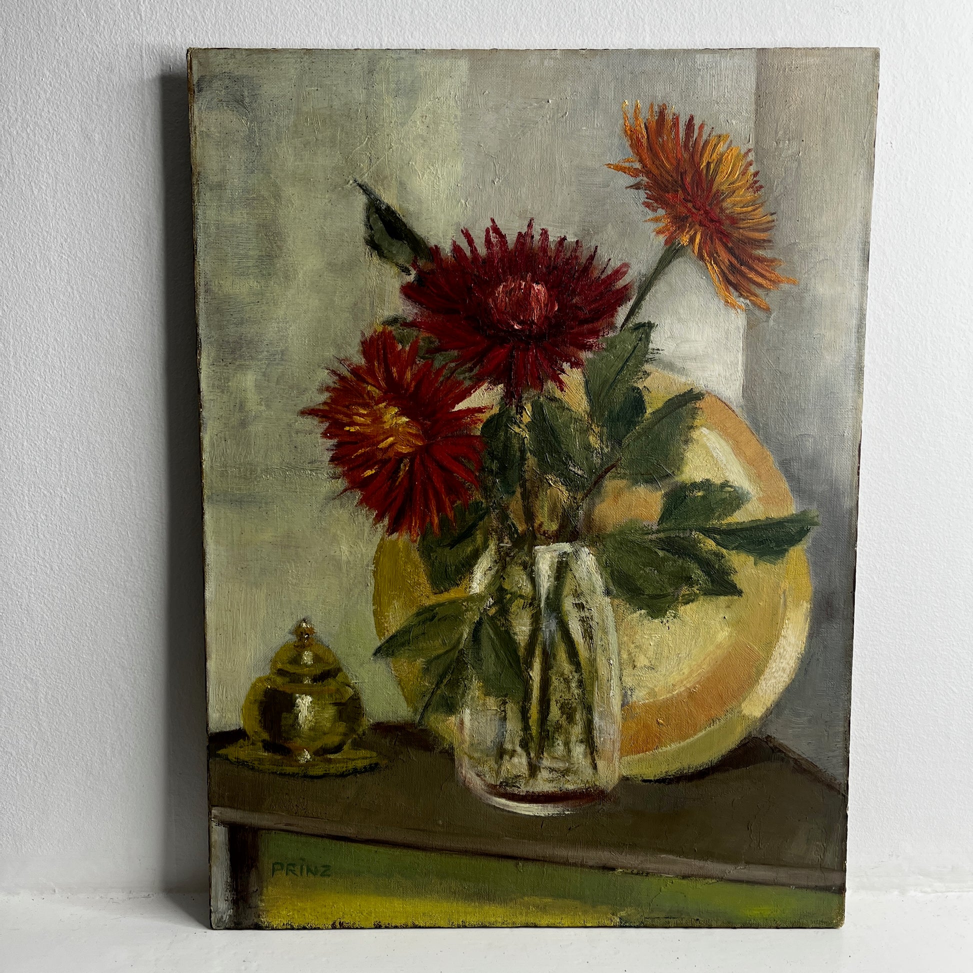 French-style still life painting of chrysanthemums arranged loosely in a vase, rendered in oil on board, with soft brushstrokes, muted tones, and a quiet, intimate atmosphere.

