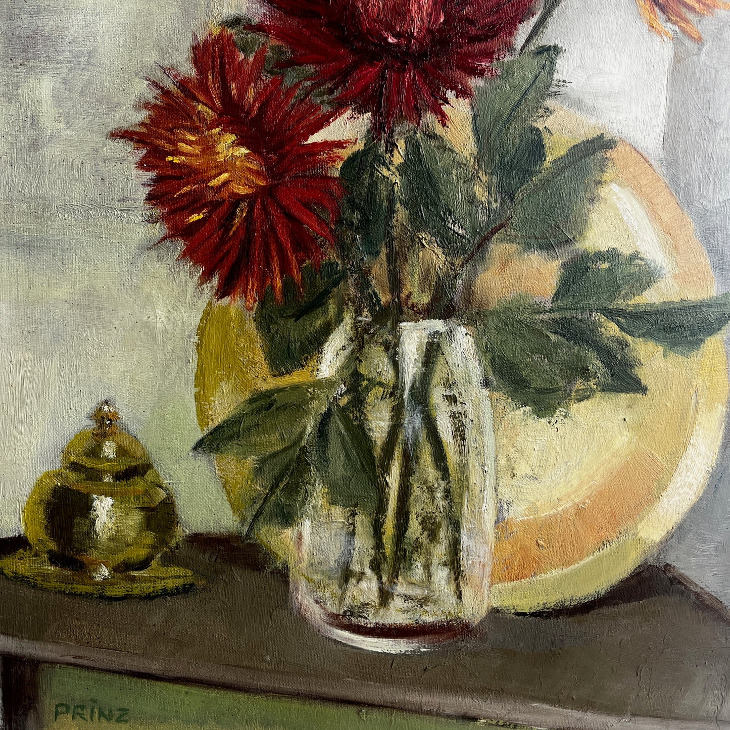 French-style still life painting of chrysanthemums arranged loosely in a vase, rendered in oil on board, with soft brushstrokes, muted tones, and a quiet, intimate atmosphere.
