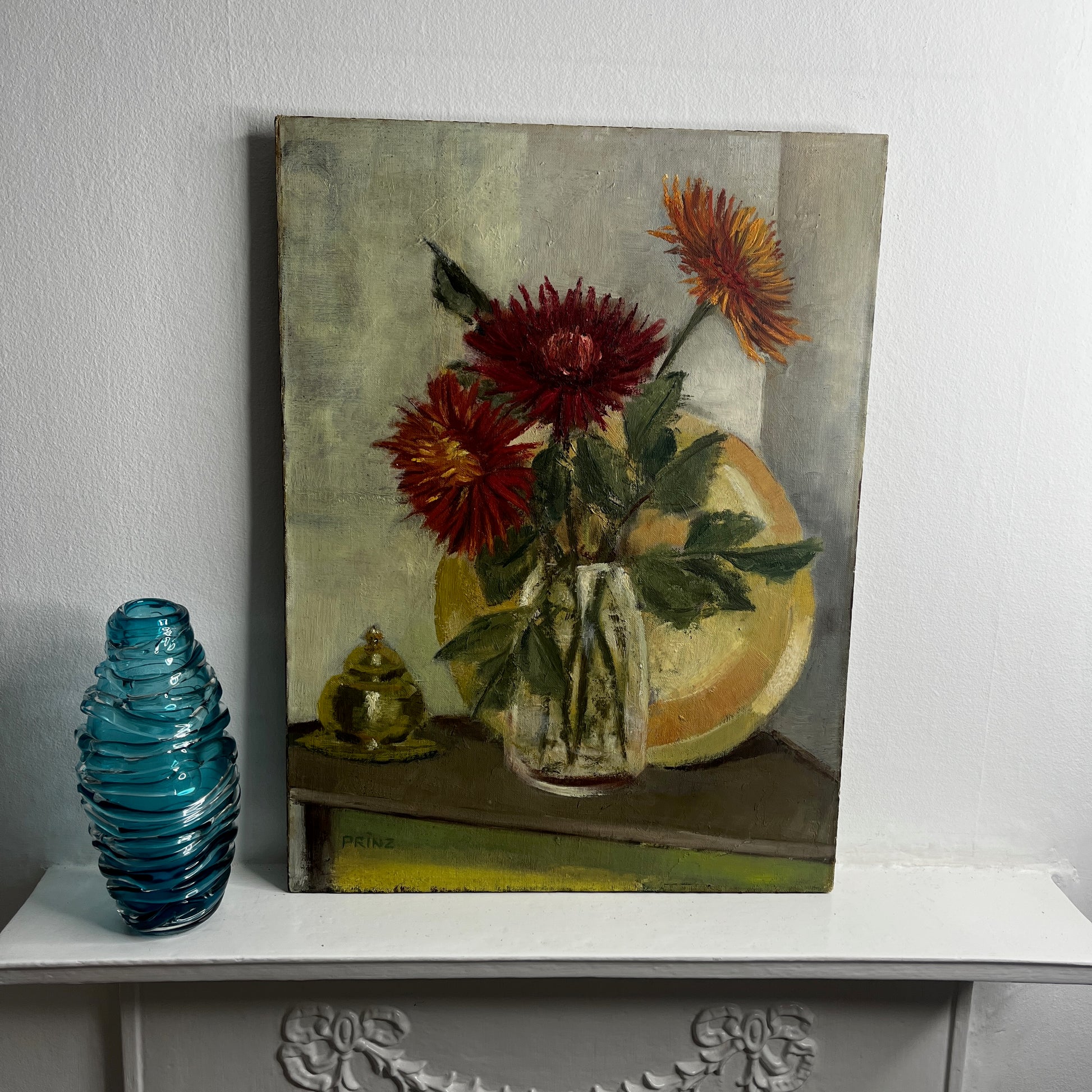 French-style still life painting of chrysanthemums arranged loosely in a vase, rendered in oil on board, with soft brushstrokes, muted tones, and a quiet, intimate atmosphere.
