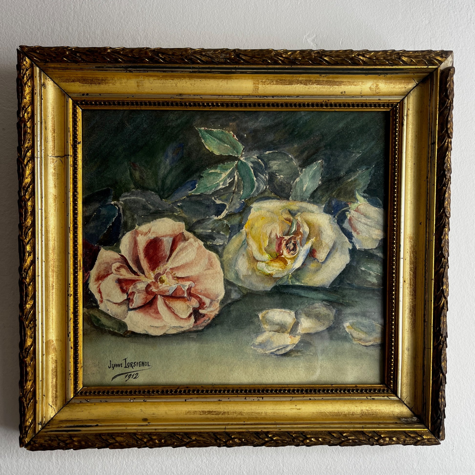Original 1912 watercolour painting of roses by Jeanne Torsignol, depicting blooming roses in delicate, soft-toned detail.
