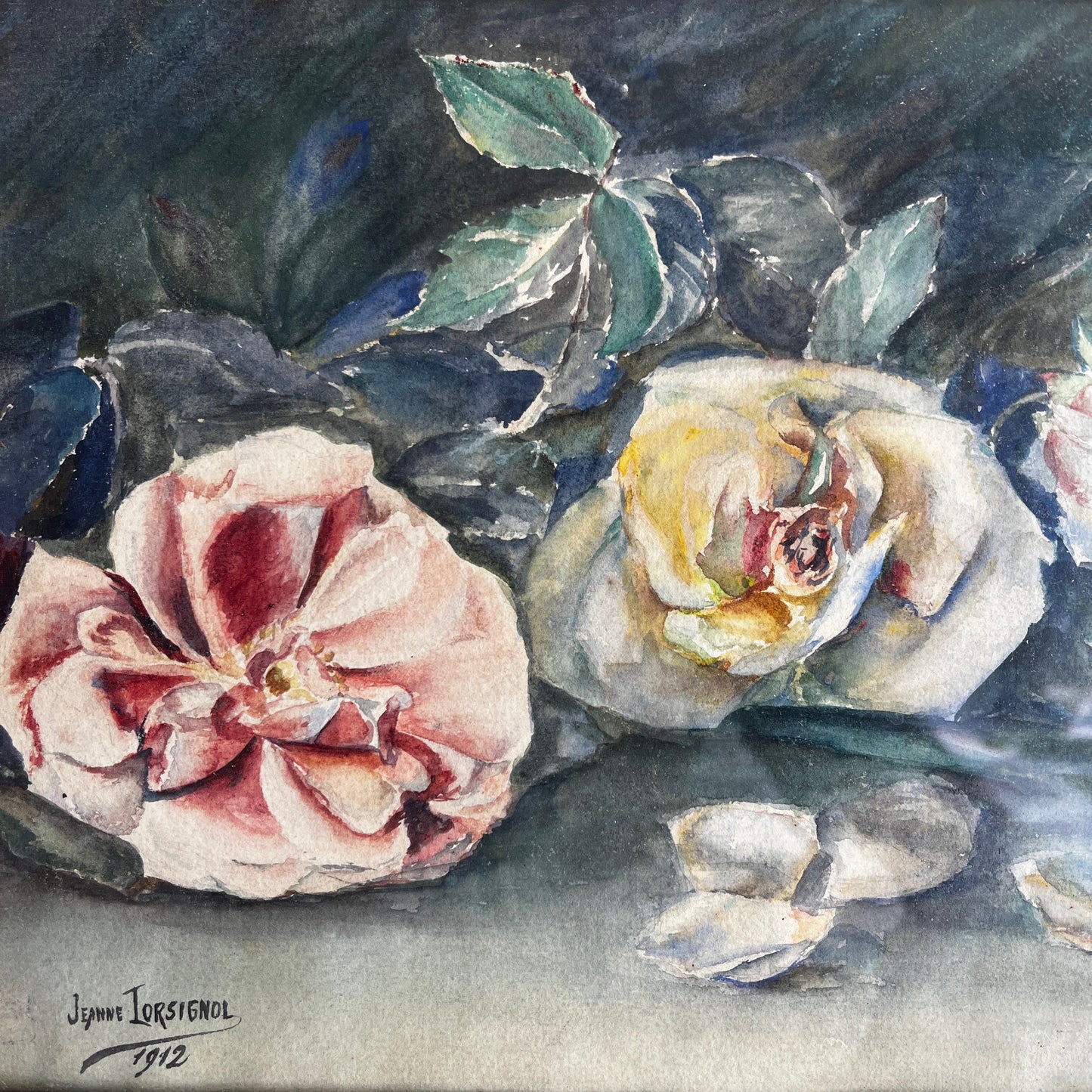 Original 1912 watercolour painting of roses by Jeanne Torsignol, depicting blooming roses in delicate, soft-toned detail.