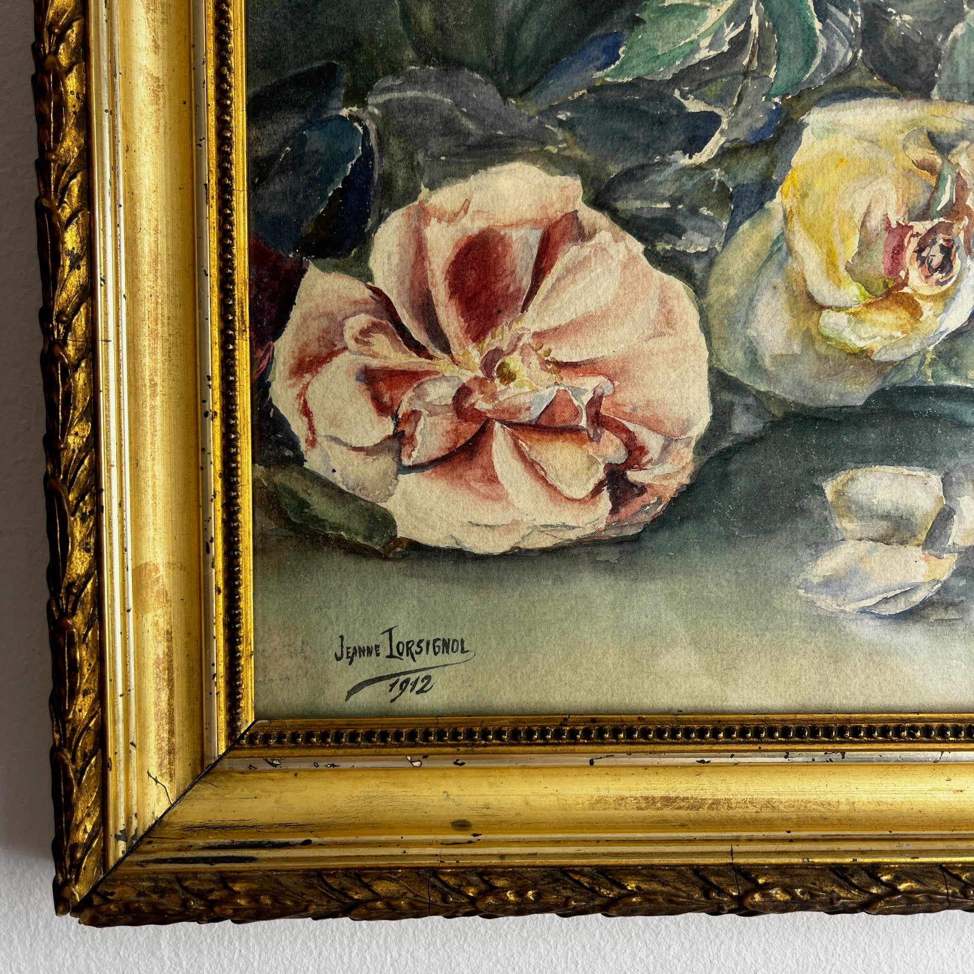 Original 1912 watercolour painting of roses by Jeanne Torsignol, depicting blooming roses in delicate, soft-toned detail.