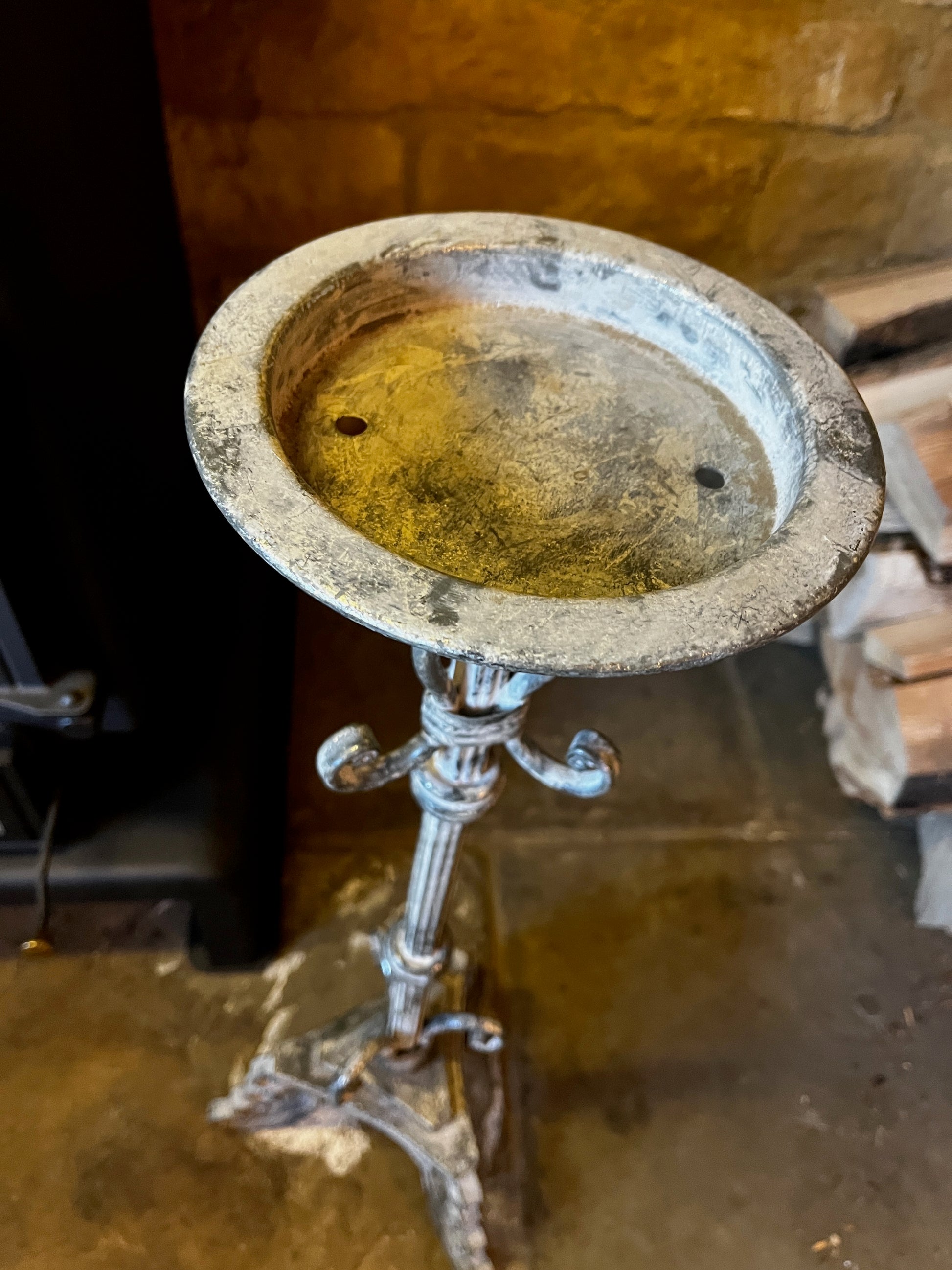 Vintage French tall metal candelabra in grey, featuring a single candle holder and a slender, elegant silhouette with a distressed aged finish.