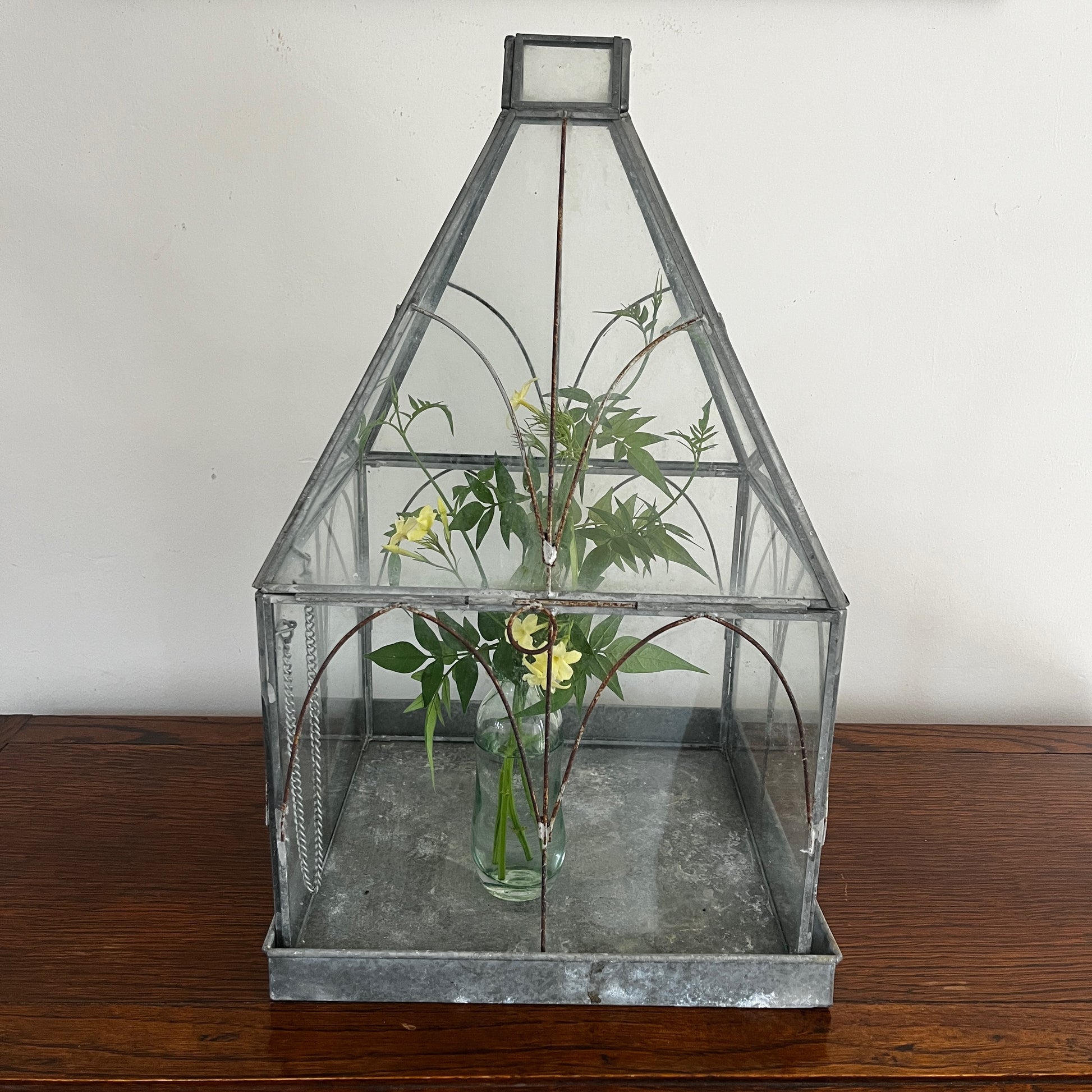 Vintage-style glass terrarium with a decorative frame and classic antique-inspired design