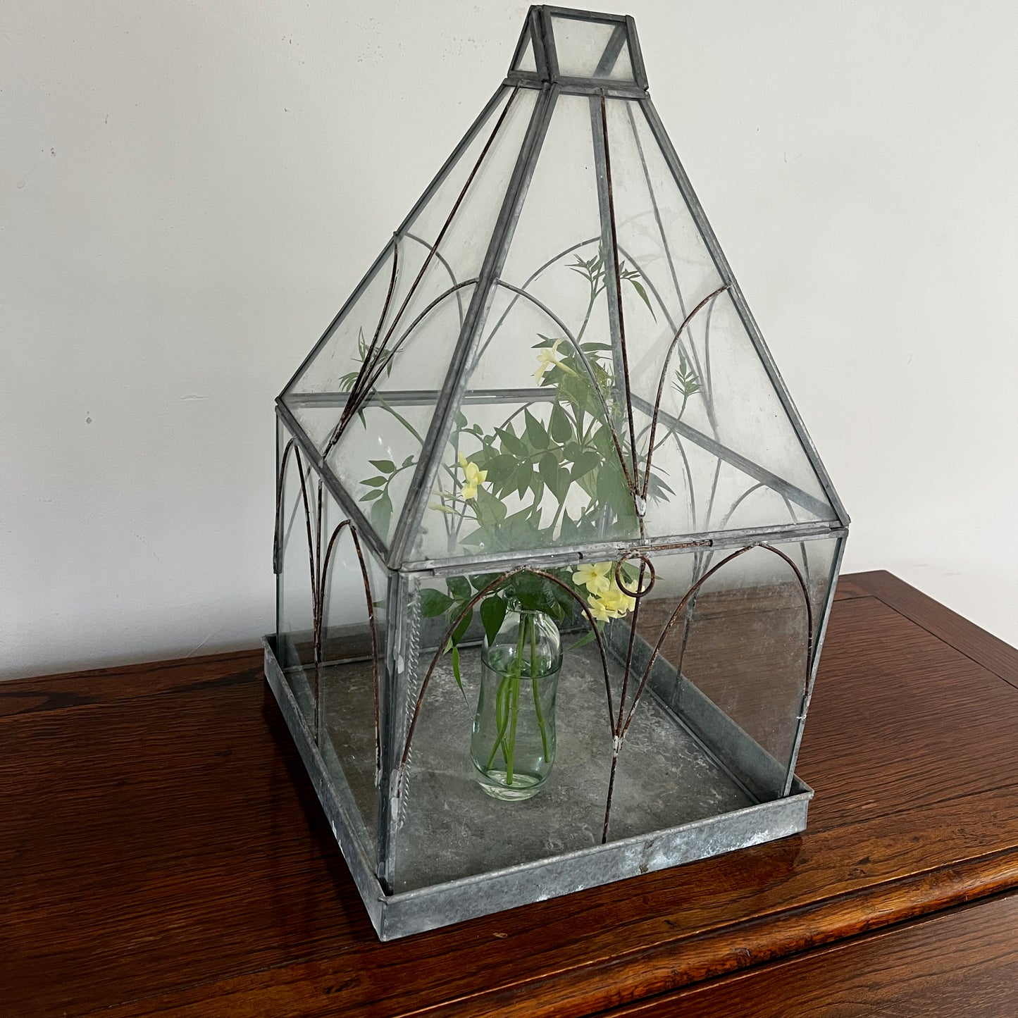 Vintage-style glass terrarium with a decorative frame and classic antique-inspired design