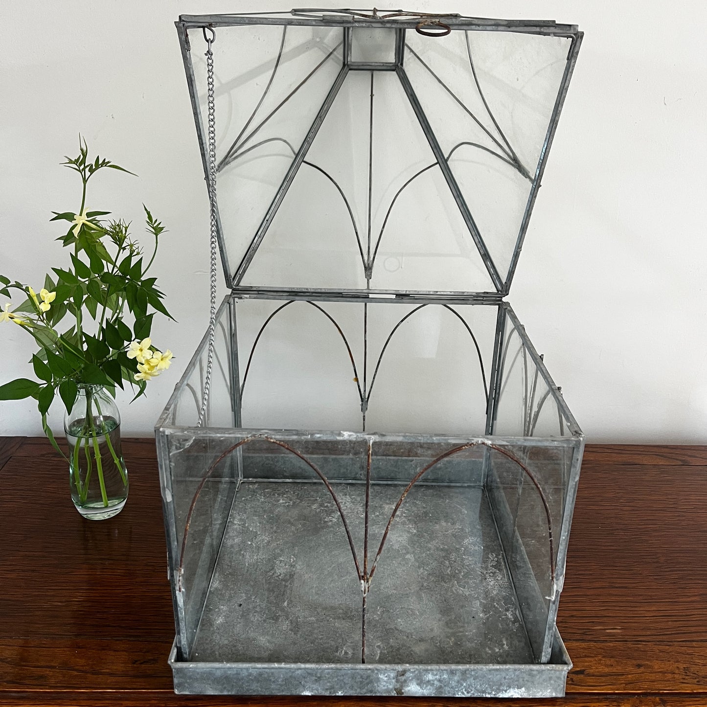 Vintage-style glass terrarium with a decorative frame and classic antique-inspired design