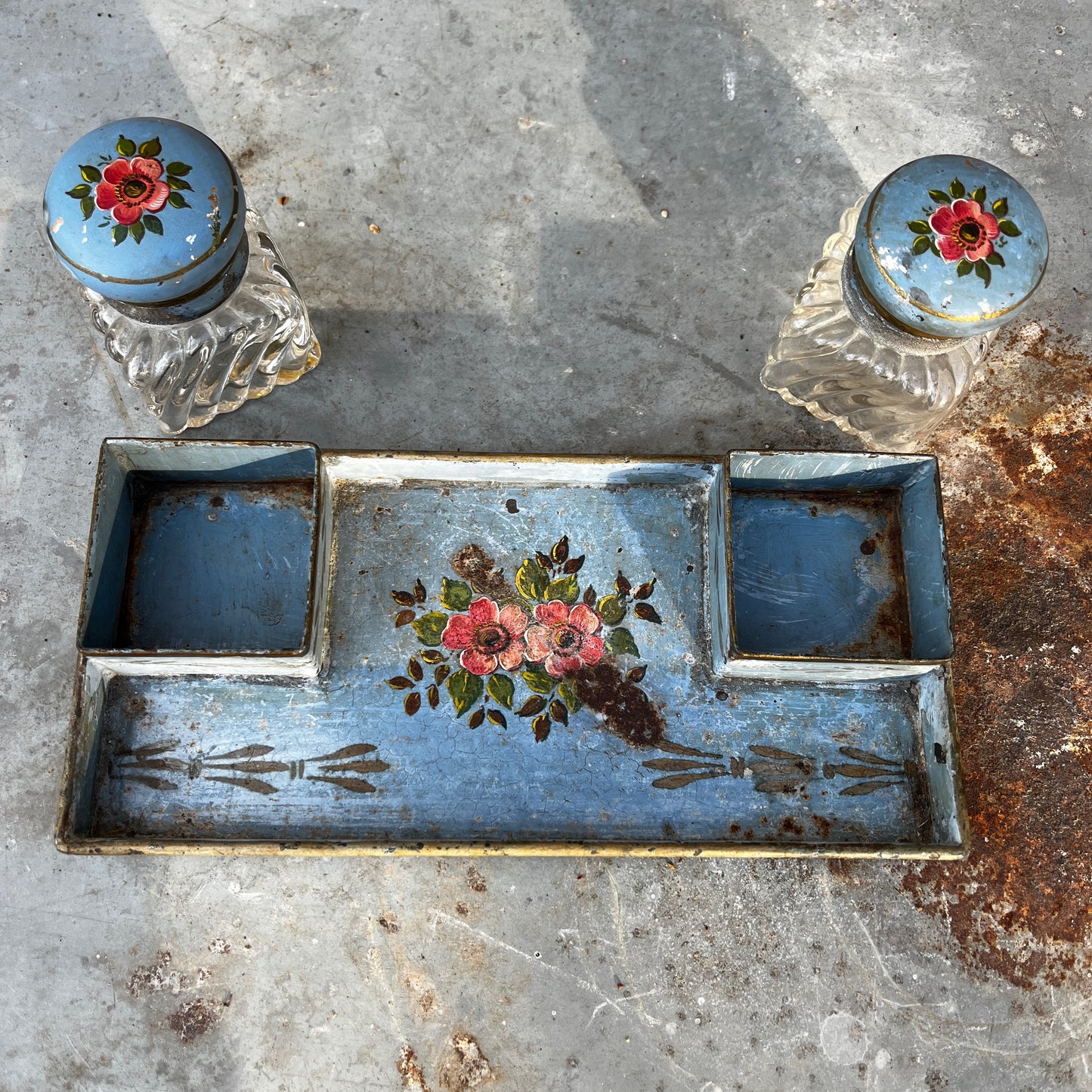 Vintage Tole Ware Ink Set with Two Glass Ink Bottles