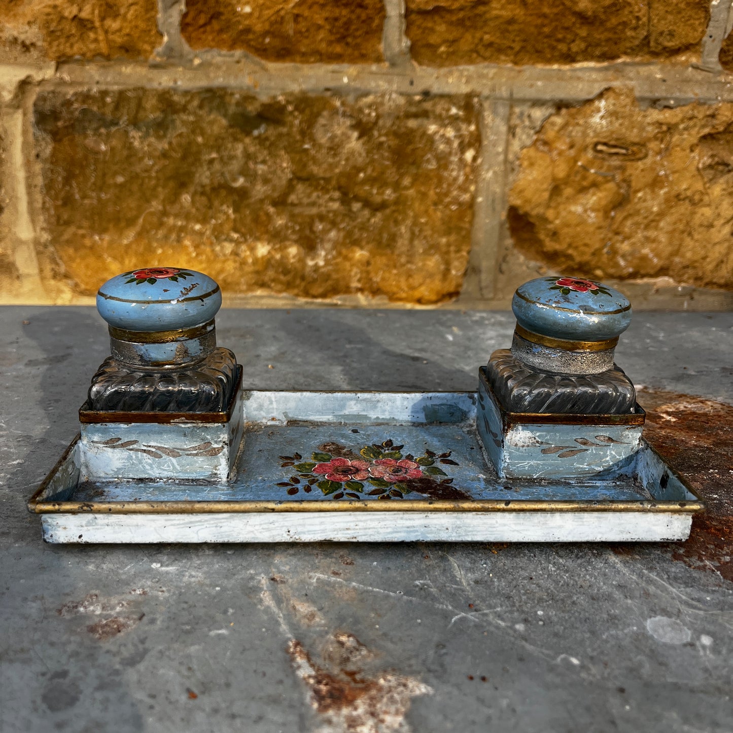 Vintage Tole Ware Ink Set with Two Glass Ink Bottles