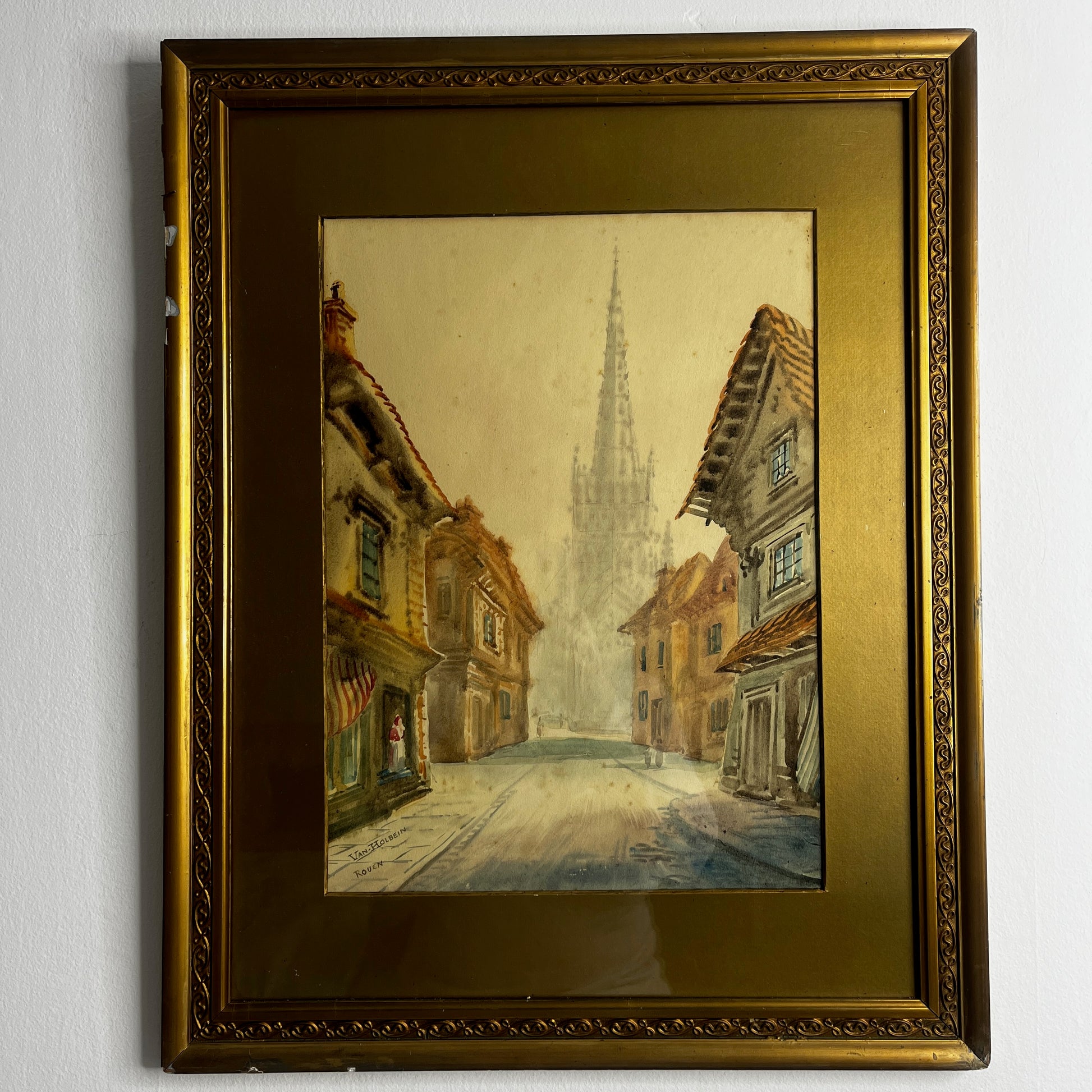 Watercolour painting of Rouen scene, depicting charming French buildings and streets in soft, atmospheric tones.