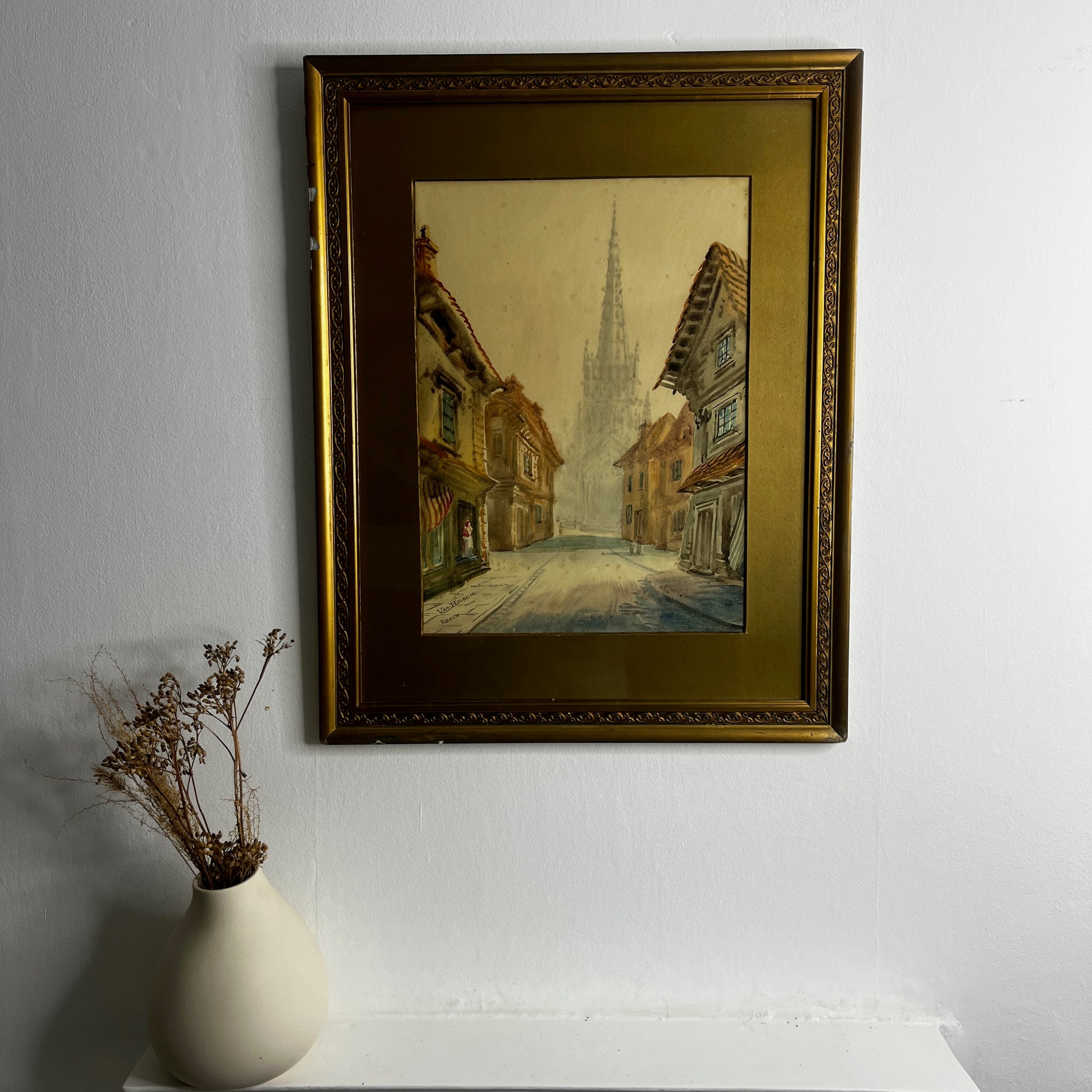 Watercolour painting of Rouen scene, depicting charming French buildings and streets in soft, atmospheric tones.
